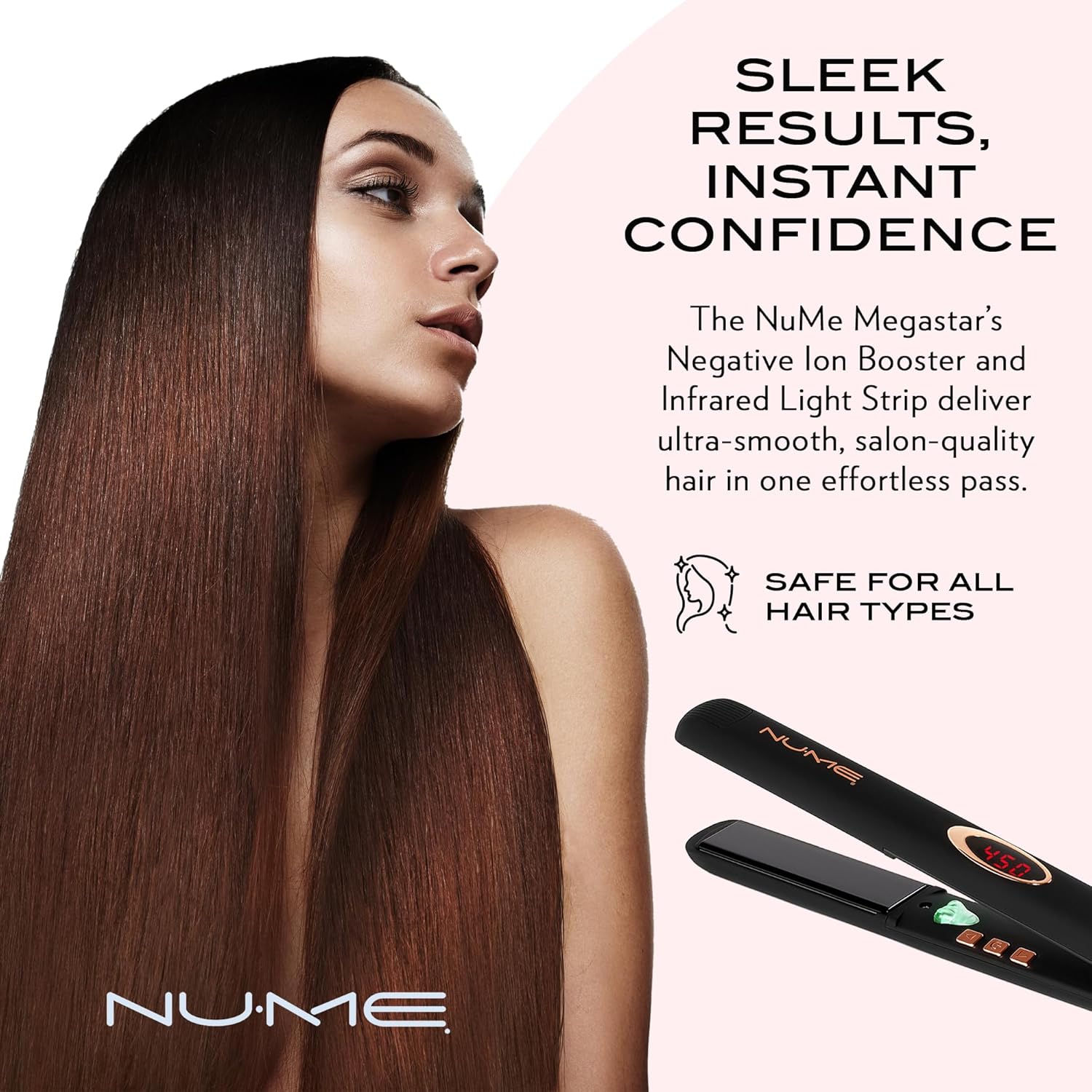 NuMe Megastar Hair Straightener Tourmaline Flat Iron–1 Inch Floating Plates with Negative Ion Booster, Infrared Light Strip, Ideal for All Hair Types – Ultra-Smooth and Shiny Results