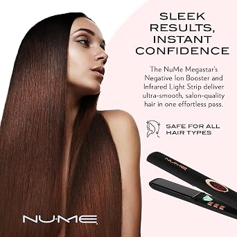 NuMe Megastar Hair Straightener Tourmaline Flat Iron1 Inch Floating Plates with Negative Ion Booster, Infrared Light Strip, Ideal for All Hair Types Ultra-Smooth and Shiny Results