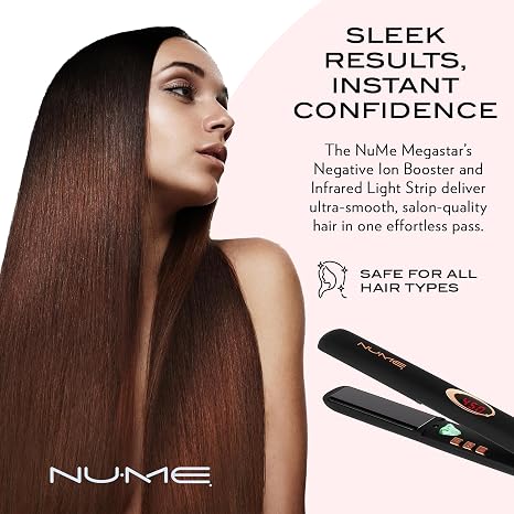 NuMe Megastar Hair Straightener Tourmaline Flat Iron1 Inch Floating Plates with Negative Ion Booster, Infrared Light Strip, Ideal for All Hair Types Ultra-Smooth and Shiny Results
