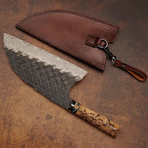 Miniatura 4 de Cuchillo chino VG10 Damasco de acero para cocina, 8.5 pulgadas profesional hecho a mano con mango de madera estabilizado Burl para carne y verduras