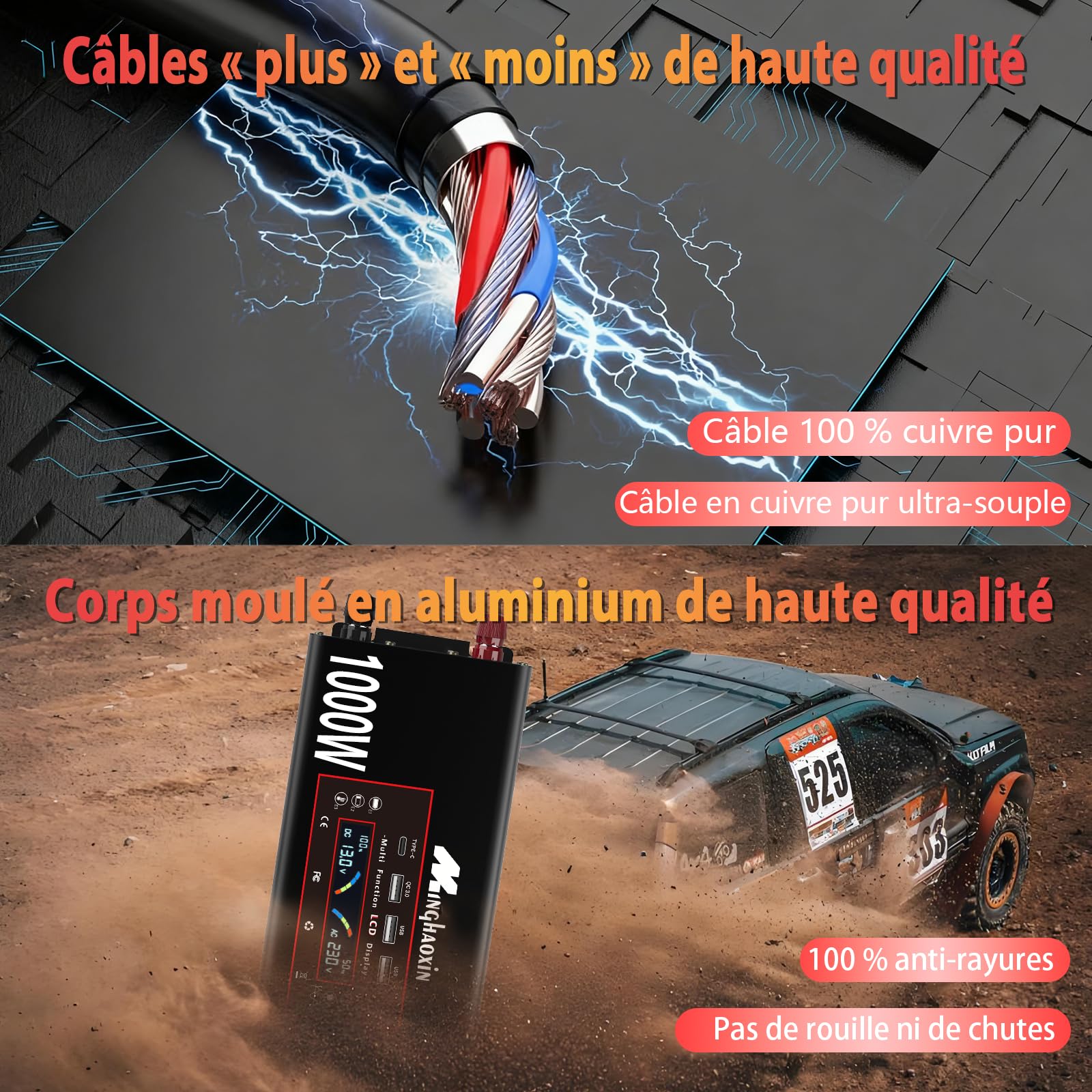 Convertisseur 12V 220V Pur Sinus 1000W/2000W Inverter Convertisseur De Tension avec EU De Courant Alternatif Et 3 Port USB-A Et USB-C De Voiture De Tension Onduleurr pour RV Voiture De Camion