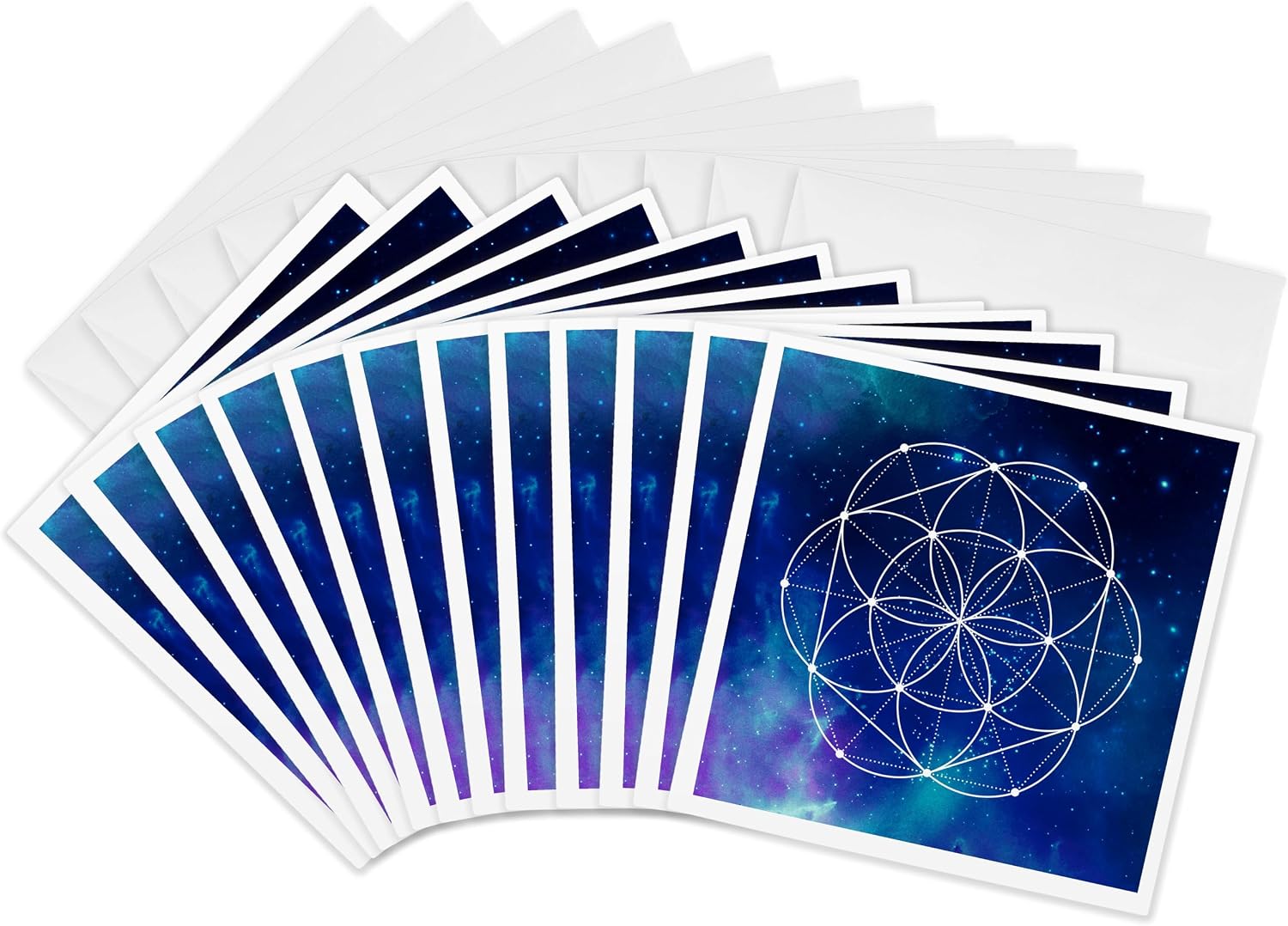 Greeting Cards - Sacred Circles Flower Geometry On A Brilliant Blue Galaxy Background - 12 Pack - Sacred Geometry