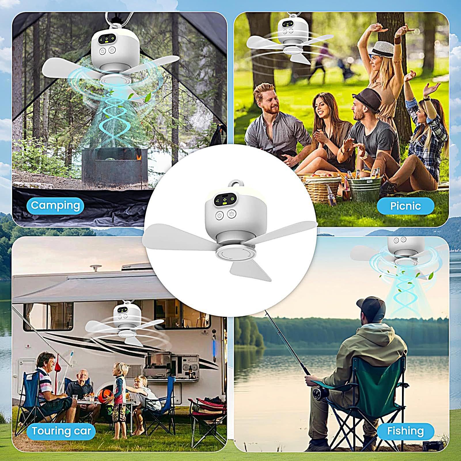 Ventilatore da campeggio Ricaricabile via USB, 4 Velocità Regolabili | Ventilatore da Campeggio con Luce Integrata per camper, viaggi all'aperto, auto, furgone camperizzato, pesca, spiaggia