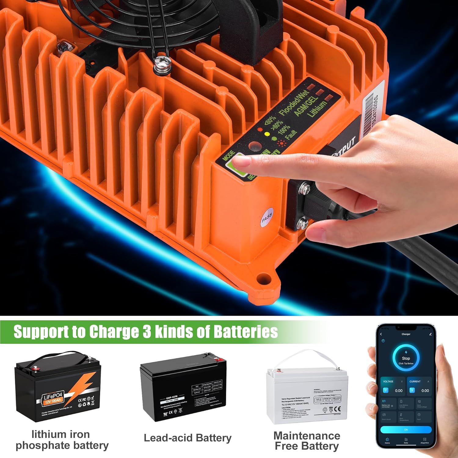 Close-up of the 10L0L 15A/48V Golf Cart Battery Charger's mode select button and indicator lights for different battery types: Flooded/Wet, AGM/GEL, and Lithium.