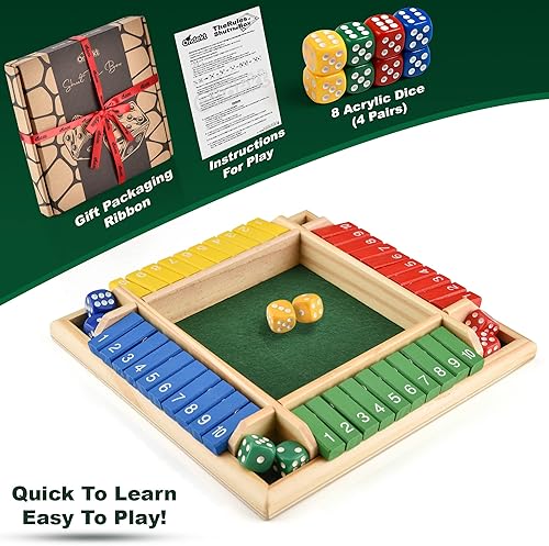 Miniatura 7 de Wooden Shut The Box - Juego de dados para interiores - Ideal para 2 a 4 jugadores - Gran juego familiar - Diseño colorido - Fieltro cómodo - Juego