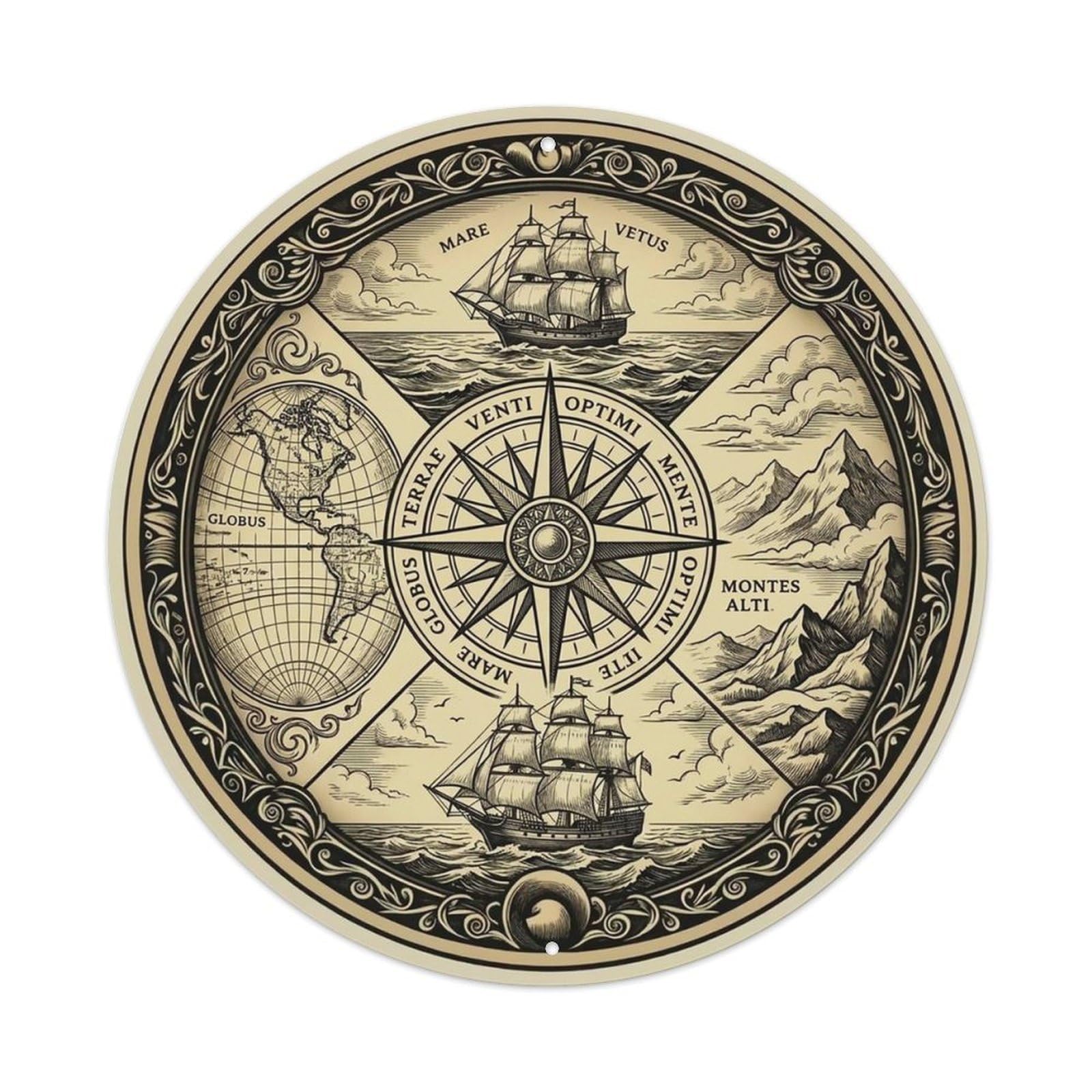 Vintage Nautical Compass World Map Midnight Chronicle Metal Tin Sign
