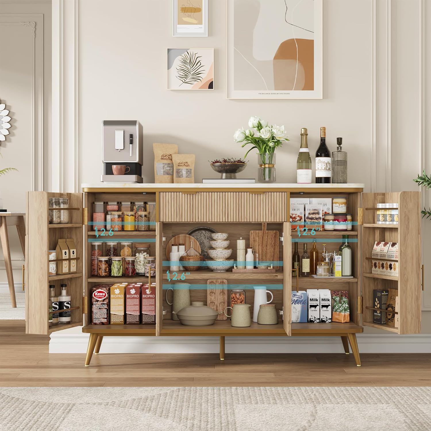 Fluted 54" Buffet Cabinet with Storage, Morden Coffee Bar Cabinets with Drawer and Adjustable Shelves, Luxury Sideboard Buffet Kitchen Storage Cabinet for Dining Room, Living Room, Natural Oak