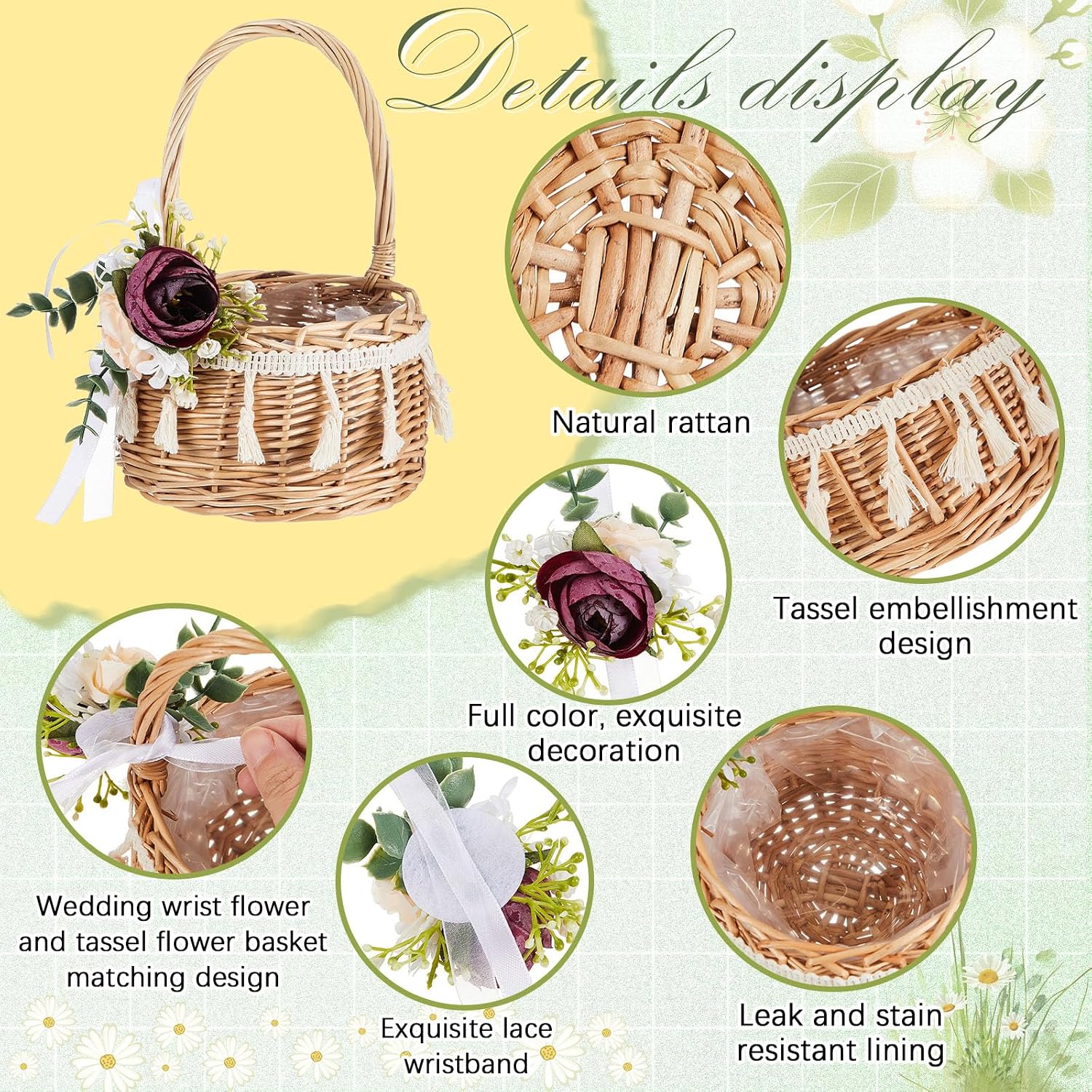 Thyle 4 Pcs Flower Basket with 4 Pcs Purple Wedding Wrist Corsage Small Rattan Woven 5.12 x 8.27 Inch Rustic Wicker Floral Basket with Artificial Flowers and Handle for Home Wedding Birthday Decor