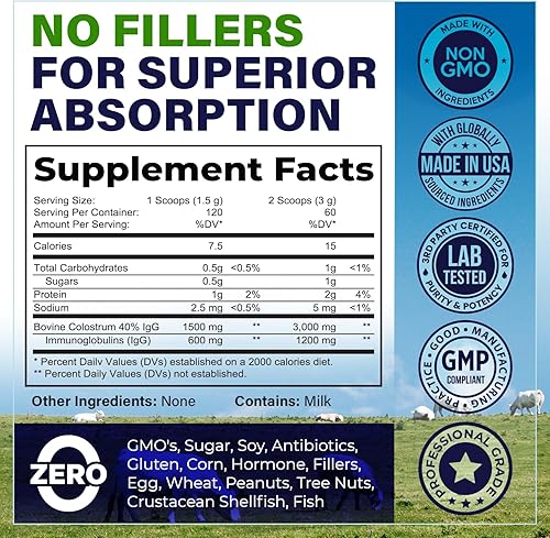 Miniatura 2 de Suplemento en polvo de calostro bovino (3000 mg + 40% IgG + sin rellenos) apoya la salud intestinal y digestiva, recuperación muscular y