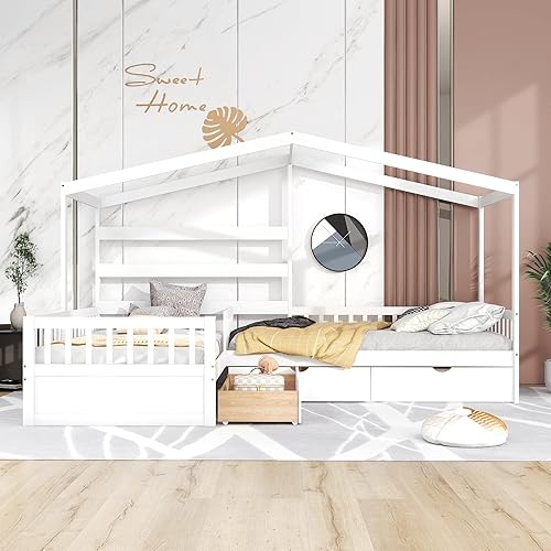 Miniatura 125 de MERITLINE Cama individual para niños, cama individual de madera para niños, cama Montessori con techo y ventana, cama de piso para niños pequeños,