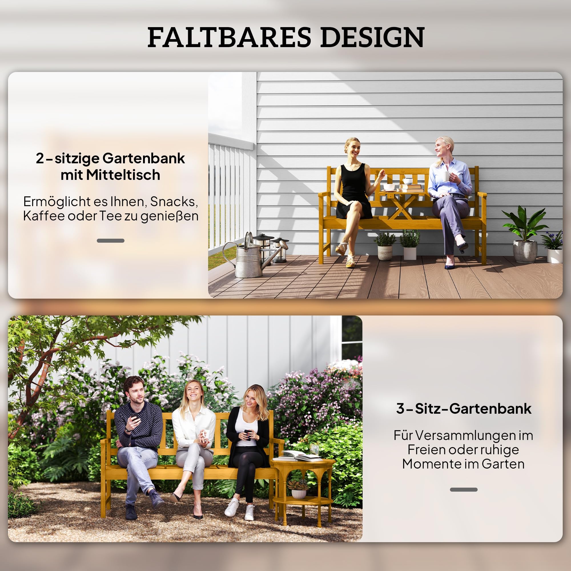 Outsunny 2-Sitzer Gartenbank Akazienholz FSC®, wetterfest Sitzbank, Gartenmöbel mit Rücken- & Armlehnen, Klappbarer Tisch Parkbank 320kg belast, Holzbank für Balkon, Garten, 149x56,5x89cm, Teak