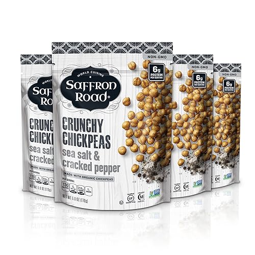 Saffron Road Snacks orgánicos de garbanzos crujientes, sin gluten, sin OMG, halal, kosher, veganos (sal marina y pimienta agrietada, 6 onzas