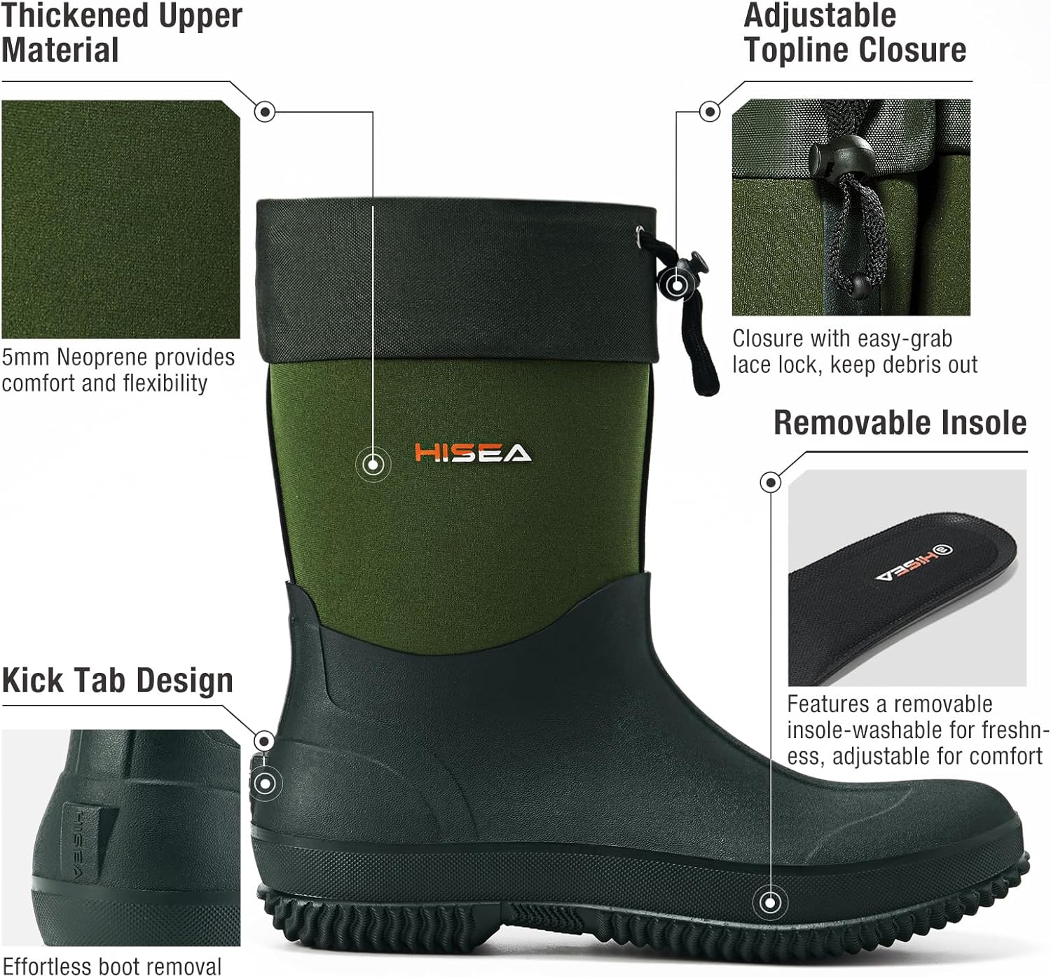 HISEA Upgraded Garden Boots for Men, Mud Resistant Outdoor Work Boots Mens Waterproof Neoprene Rubber Insulated Rain Shoes Ankle High Rainboots - Image 3