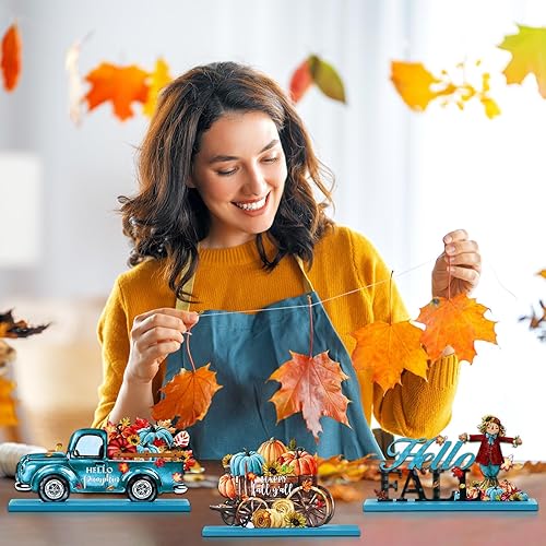 Miniatura 4 de Huwena 4 piezas de decoración de mesa de madera de otoño azul, centros de mesa de cosecha de otoño, gnomo, calabaza, camión, bicicleta, letrero de