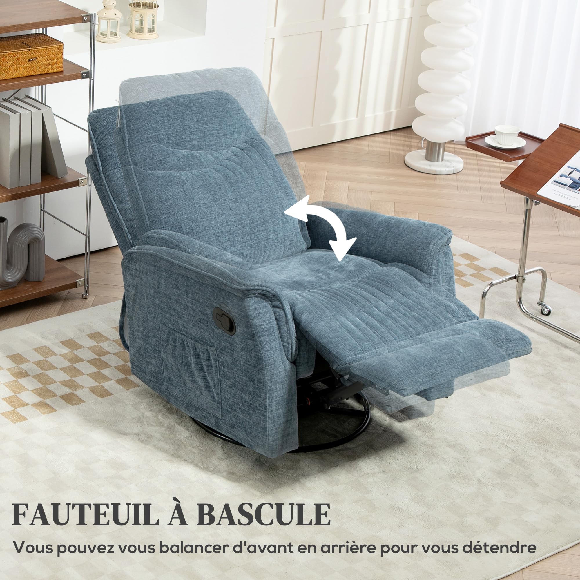 HOMCOM Fauteuil Inclinable Salon - Fauteuil de Relaxation avec Repose-Pieds rétractable, Dossier réglable Manuel, Fonction à Bascule et pivotant, pour Chambre Bureau Home cinéma, Bleu