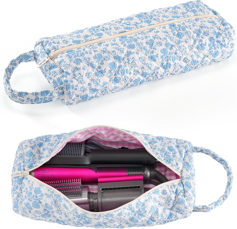 Bolsa de viaje para herramientas para el cabello, bolsa de herramientas para el cabello acolchada para Dyson Airwrap & Shark FlexStyle, secador de cabello y organizador de almacenamiento de rizador de hierro para estuche de viaje portátil para accesorios de estilo, flor azul