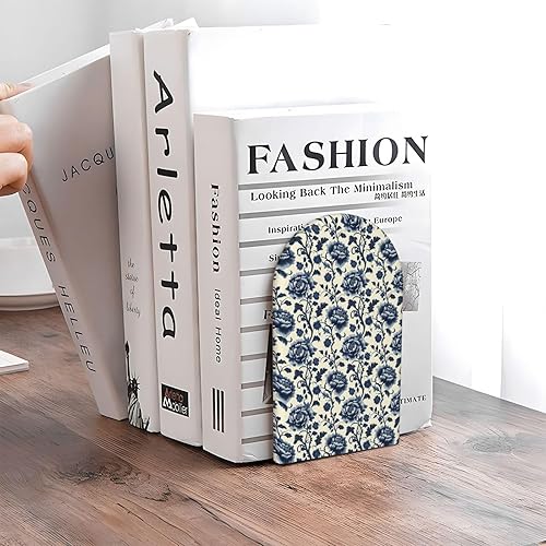 Miniatura 5 de Book Ends for Shelves 1 Pair - Retro Blue Flowers Print Wood with Metal Base Bookends for Heavy Books, Book Stand Organizer Holder for Books Movies