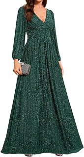 Women's A-Line Long Lantern Sleeves Formal Gowns Empire Waist Long Glitter Evening Dress