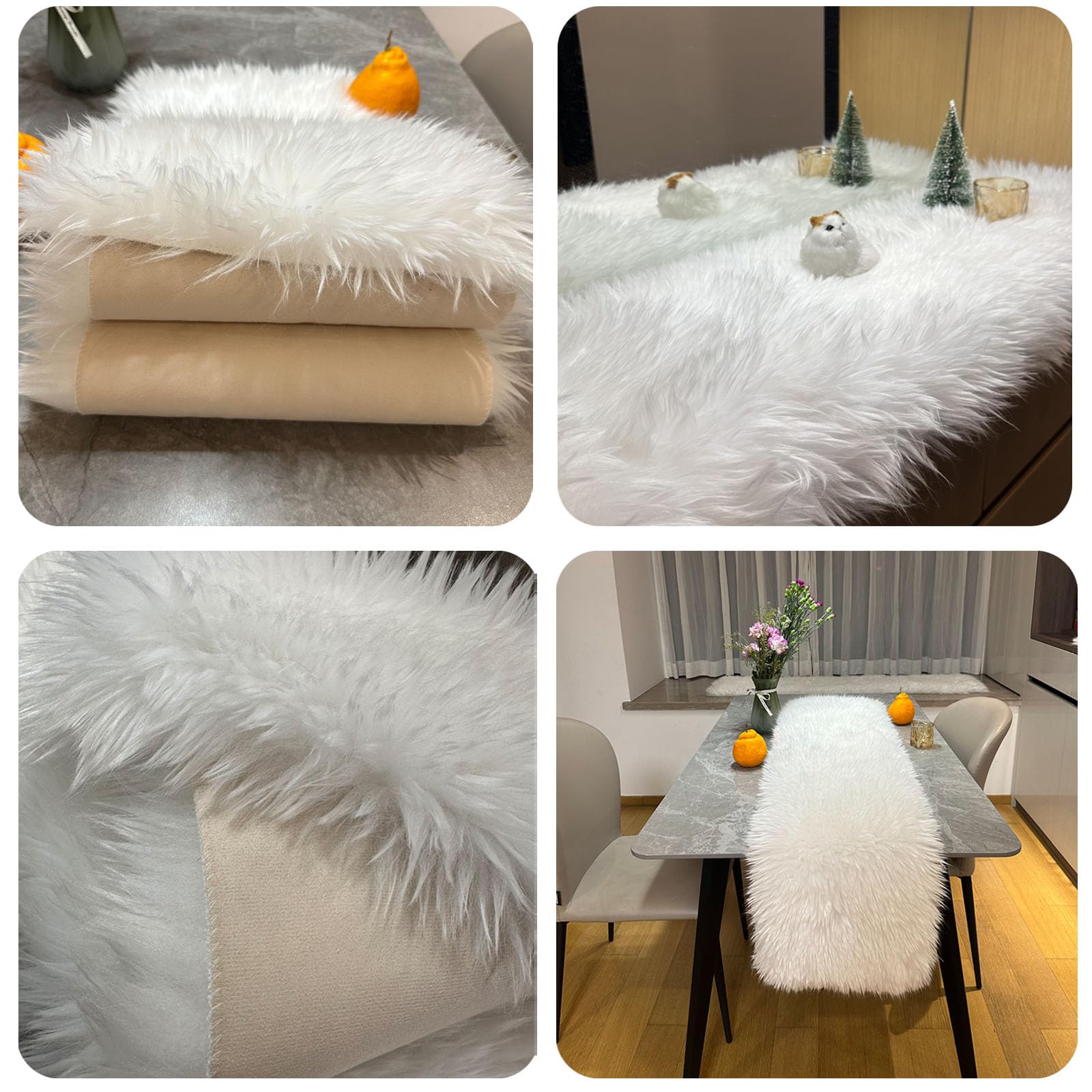 Kunstfell Tischläufer,Fell Tischläufer Weihnachten Weiß Modern Deko Oster Perfekt für Weihnachten ,Hochzeit Home Esstisch, Schminktisch, Couchtisch (30cm x 180cm) | Weicher, flauschiger weißer Kunstfell-Tischläufer für Weihnachten, Esstischdekoration mit