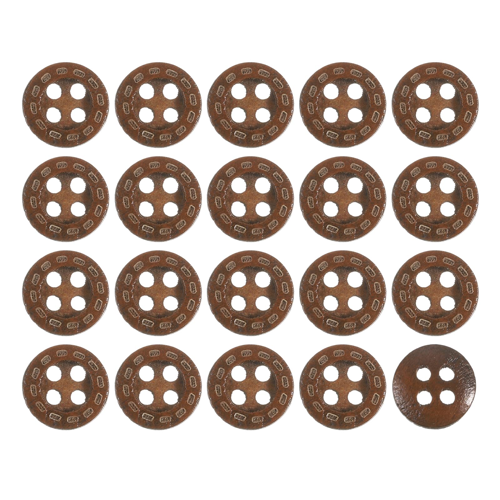 QUARKZMAN 100 Pcs Wooden Buttons, 10 mm Round Wooden Button with 4 Holes Sewing Button Wood with Dotted Line Pattern Sewing Craft Clothing DIY, Dark Brown