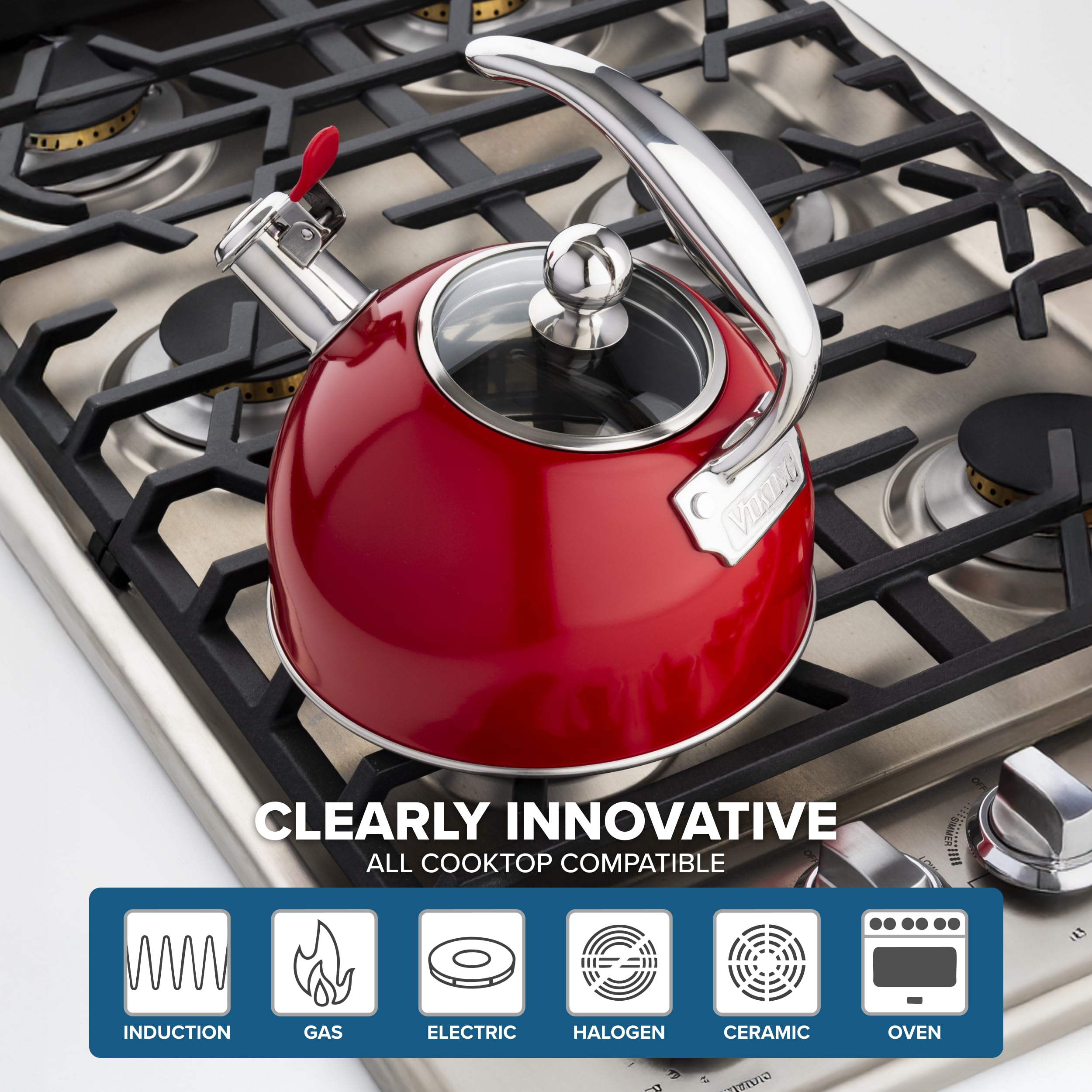Viking 3-Ply Stainless Steel Tea Kettle, 2.6 Quart Stovetop Hot Water Pot with Tempered Glass Lid, Ergonomic Handle, Induction Ready, Red