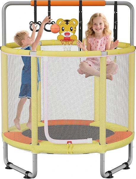55" Trampoline for Kids, 440lbs Capacity ASTM-Approved Mini Toddler Trampoline with Safety Enclosure Net, 4 in 1 Adjustable Gymnastics Bar & Toys, Indoor & Outdoor, Gifts for Boys & Girls Age 1-8