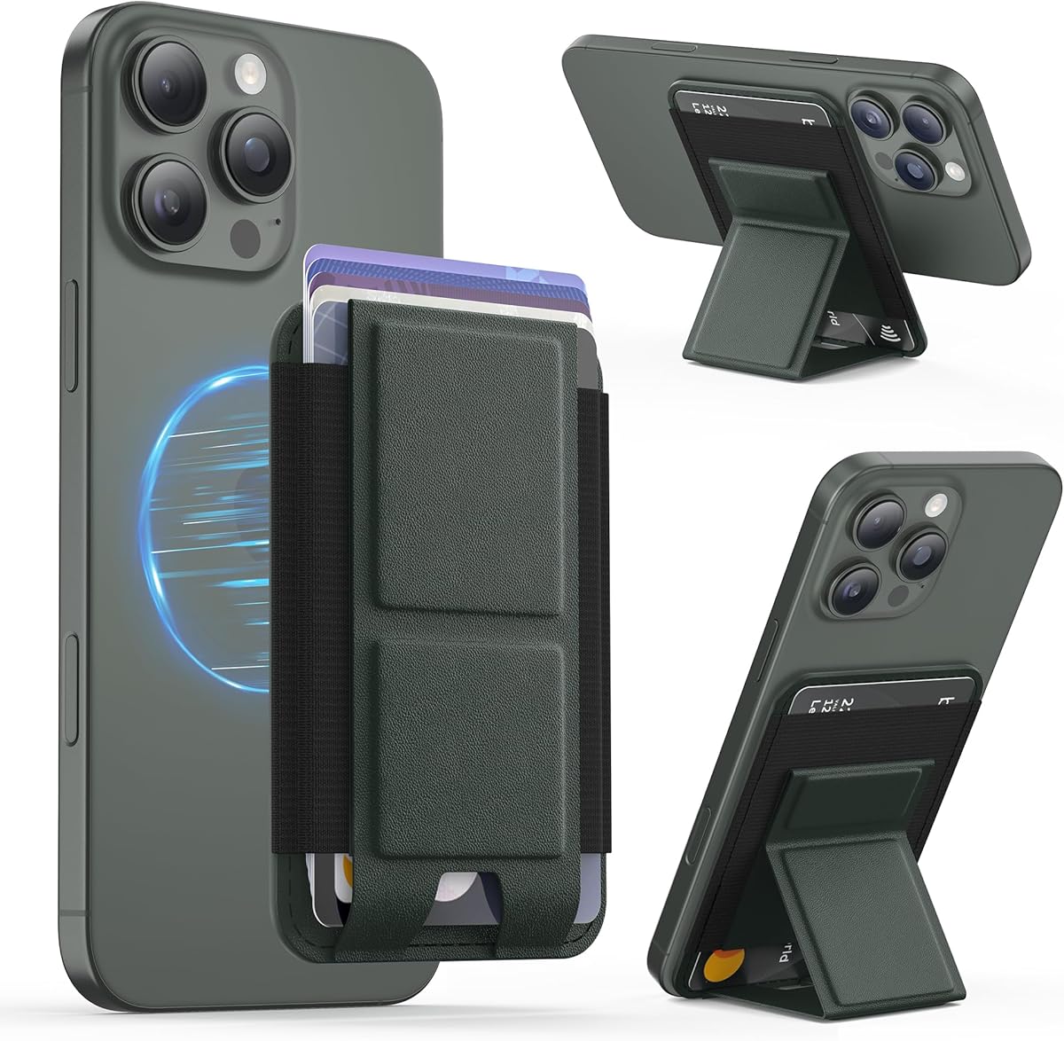 GONEZ for MagSafe Wallet with Stand, Stronger Magnetic Card Holder for iPhone 16/15/14/13/12 Series, Premium Leather Phone Wallet with RFID Blocking, 1 Slot, Fit 5 Cards, Dark Green