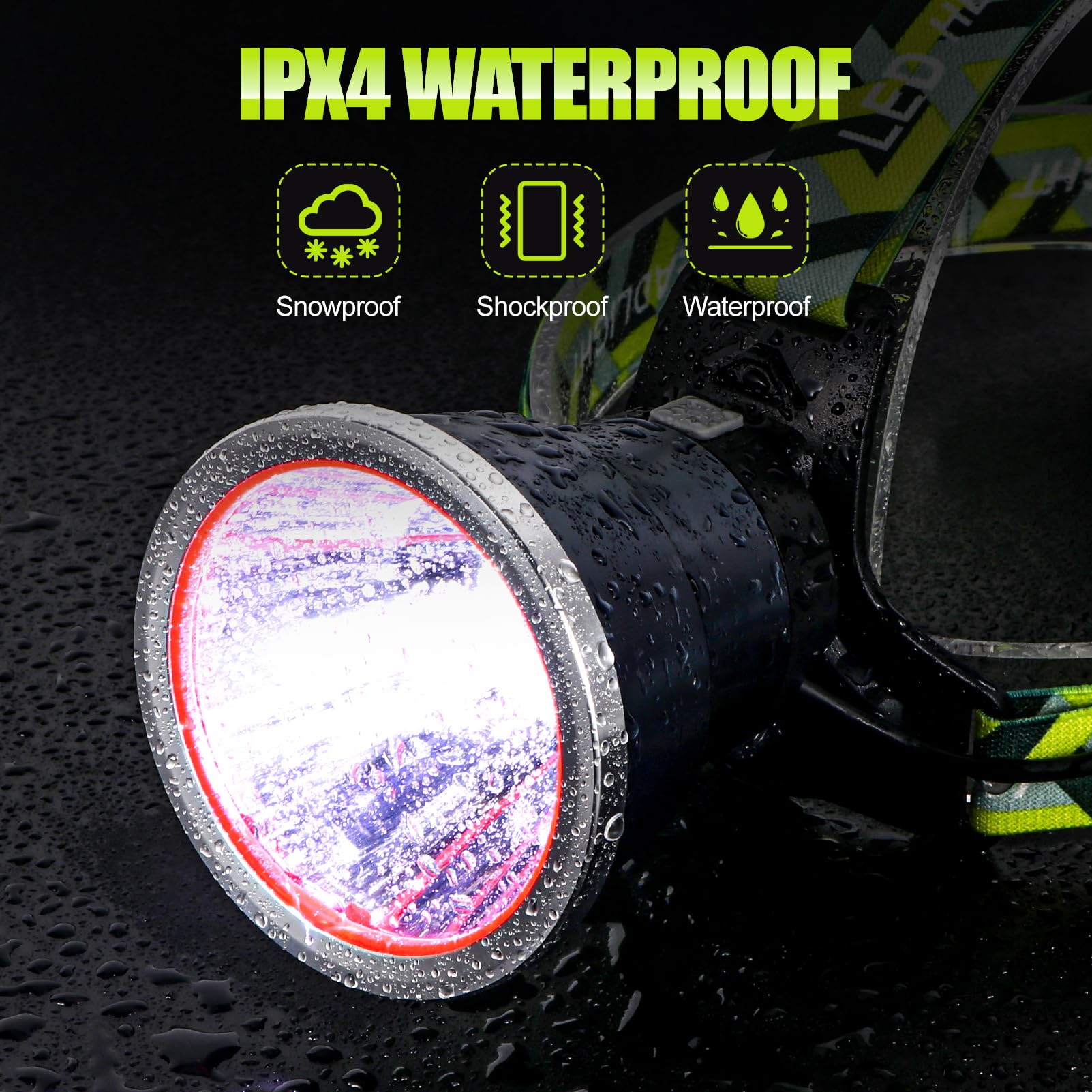 Superhelle LED-Stirnlampe wiederaufladbar, hohe Lumen wasserdichte 4 Modi Stirnlampe Taschenlampe, leichte Stirnlampe für Camping, Laufen, Wandern, Angeln (Spotlight-Yellow Light)