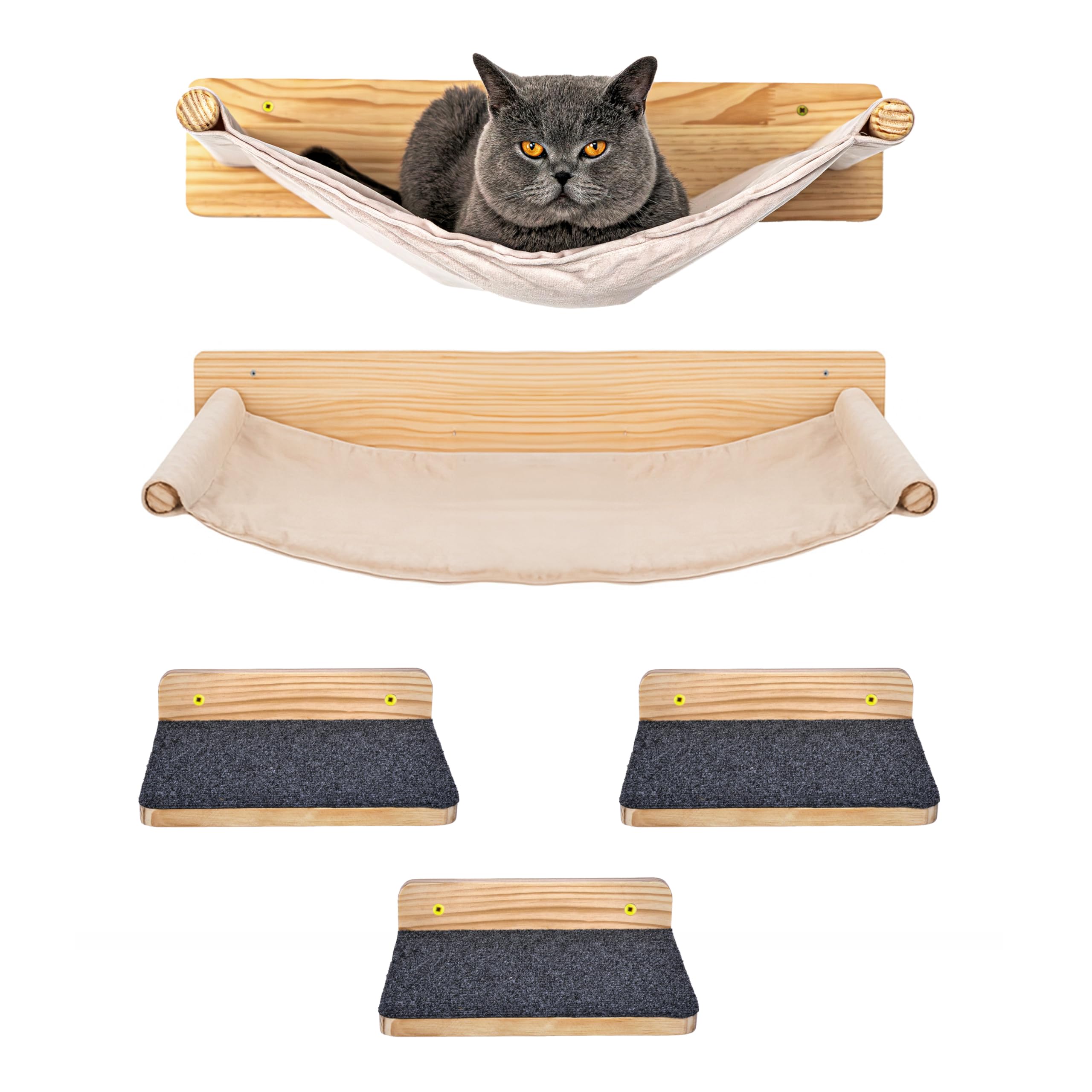 Katzen Wand-Hängematten Set – 2 Hängematten & 3 Plattformen aus Massivholz & Sisal Modularer Katzen Kletterwand-Turm für Wandmontage stabile Schlafplätze & Kletterwege