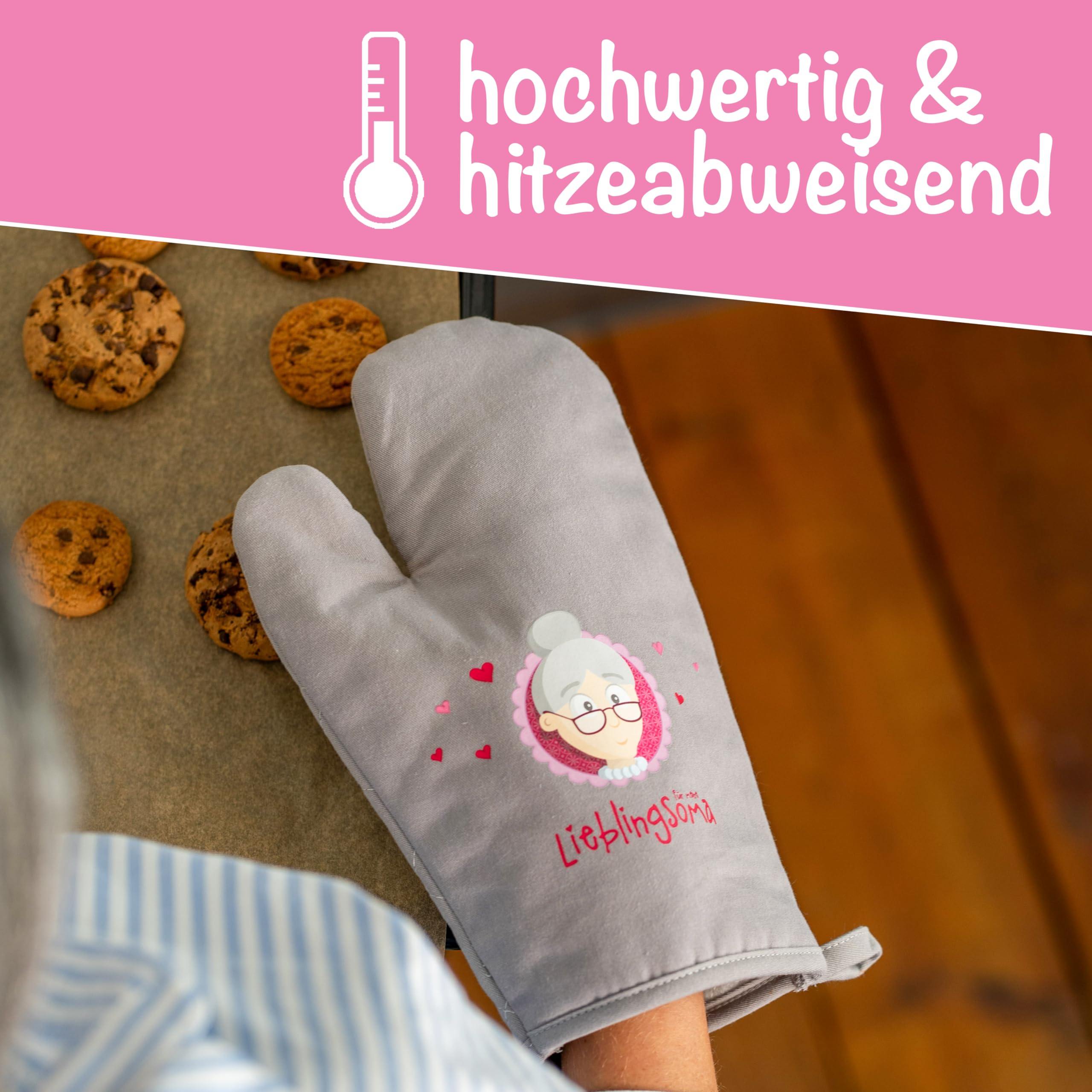 Myoma Ofenhandschuhe für Oma – Hitzebeständige, langlebige Küchenhandschuhe (Paar) Omas zum Geburtstag & Weihnachten, lustige Backhandschuhe für die Lieblingsoma inkl. Karte