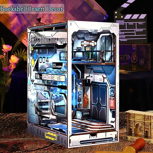 Miniatura 2 de TuKIIE Kit de bricolaje en miniatura para rincón de libro, inspirado en el espacio, estantería de casa de muñecas con luz LED ajustable de brillo y