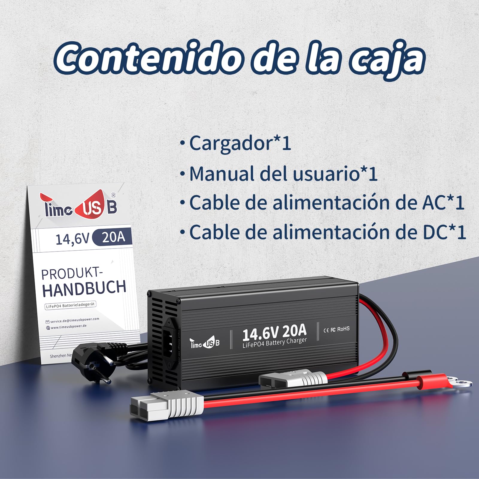 Timeusb Cargador de Batería LiFePO4 14,6V 20A para Baterías de Litio 12V | Cargador Inteligente de Carga Rápida con Conector Anderson y Pantalla LED, 6 Protecciones
