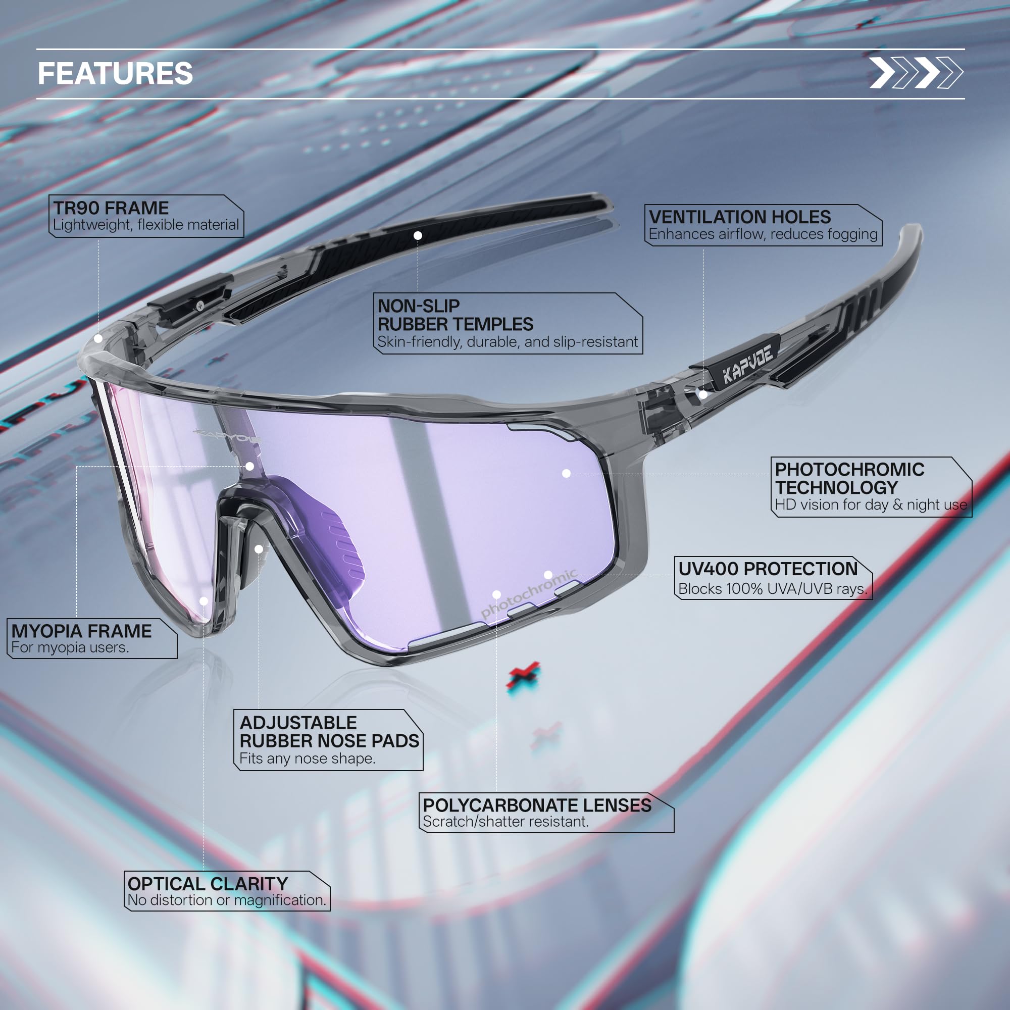 KAPVOE Gafas de Ciclismo Hombre Mujer K76 | Montura TR90, almohadilla nasal ajustable para ciclismo.