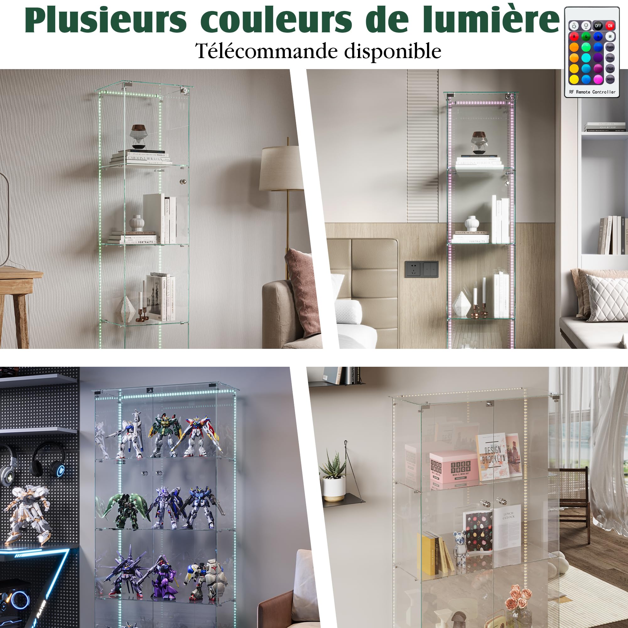 Vitrina de cristal de pie, Vitrina de cristal de pie con LED, 4 capas de cristal madera cristal vitrina armario vitrina 1 puerta y cerradura vitrina armario de cristal armario expositor vitrina de
