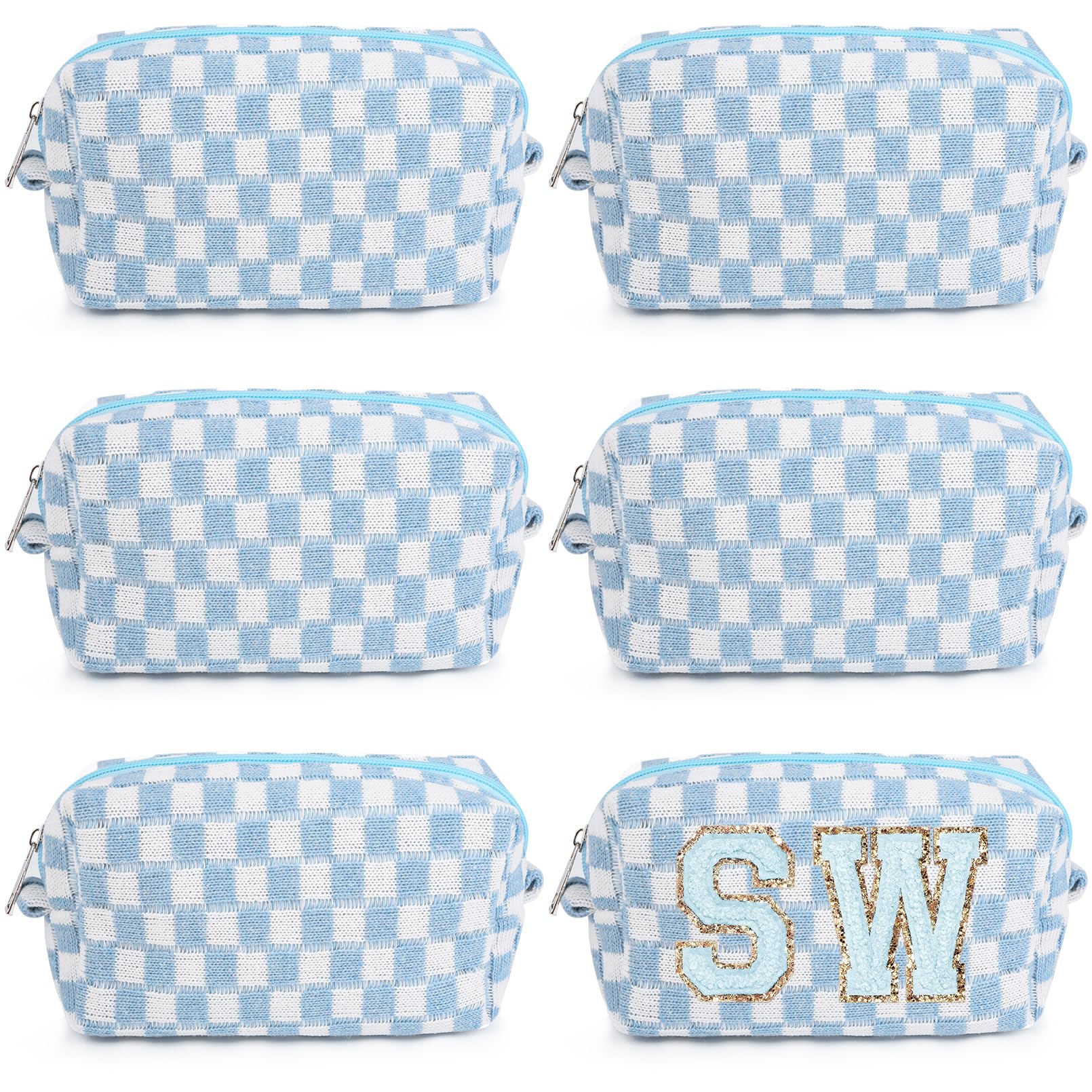 6 Pcs Preppy Makeup Bag Bulk Checkered Cosmetic Bag Light blue Makeup Pouch Personalize Travel Toiletry Bag Organizer Cute DIY Makeup Brushes Storage Bag for Women