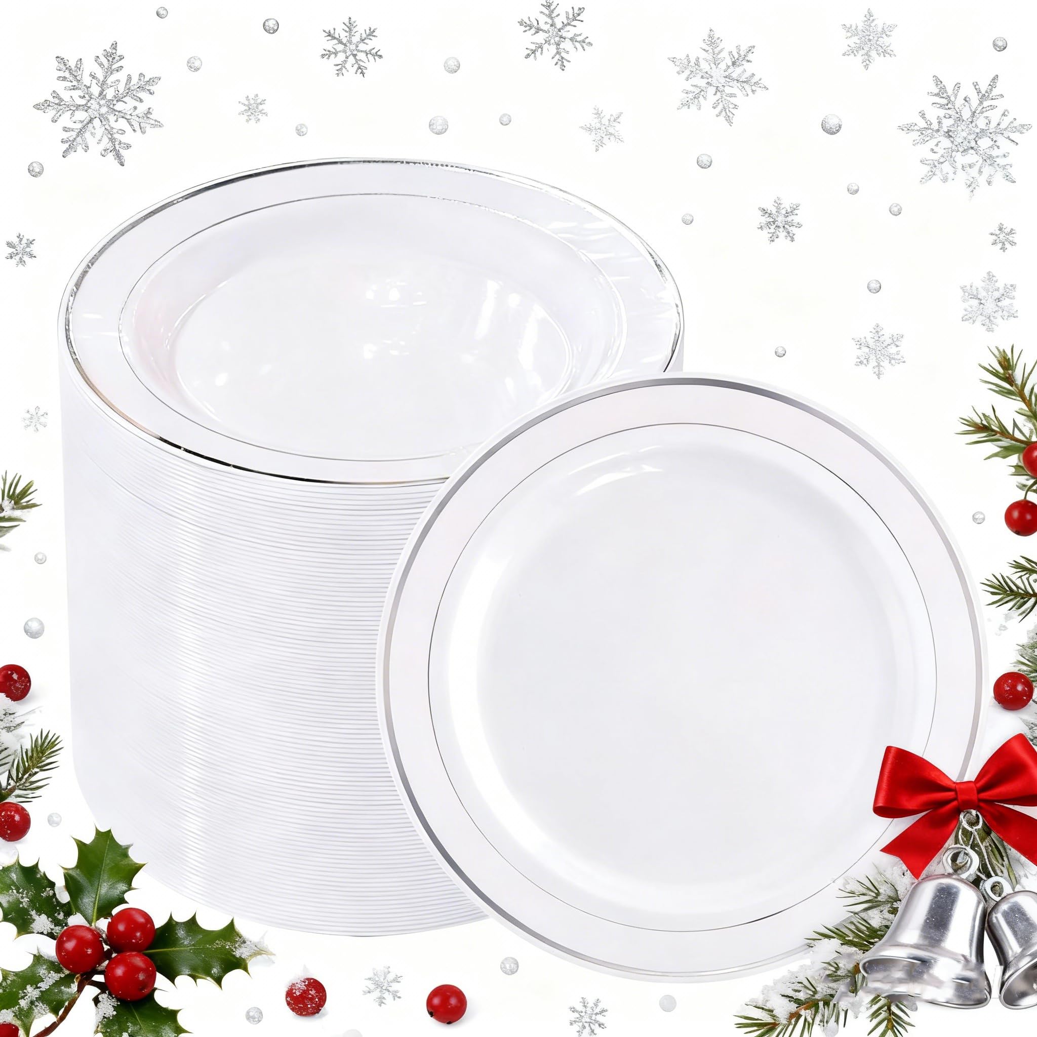 bUCLA 100Pieces Silver Plastic Plates - 6.25inch White with Silver Rim Disposable Salad/Dessert/Appetizer/Small Cake Plates for Weddings, Christmas, Parties&Gathering
