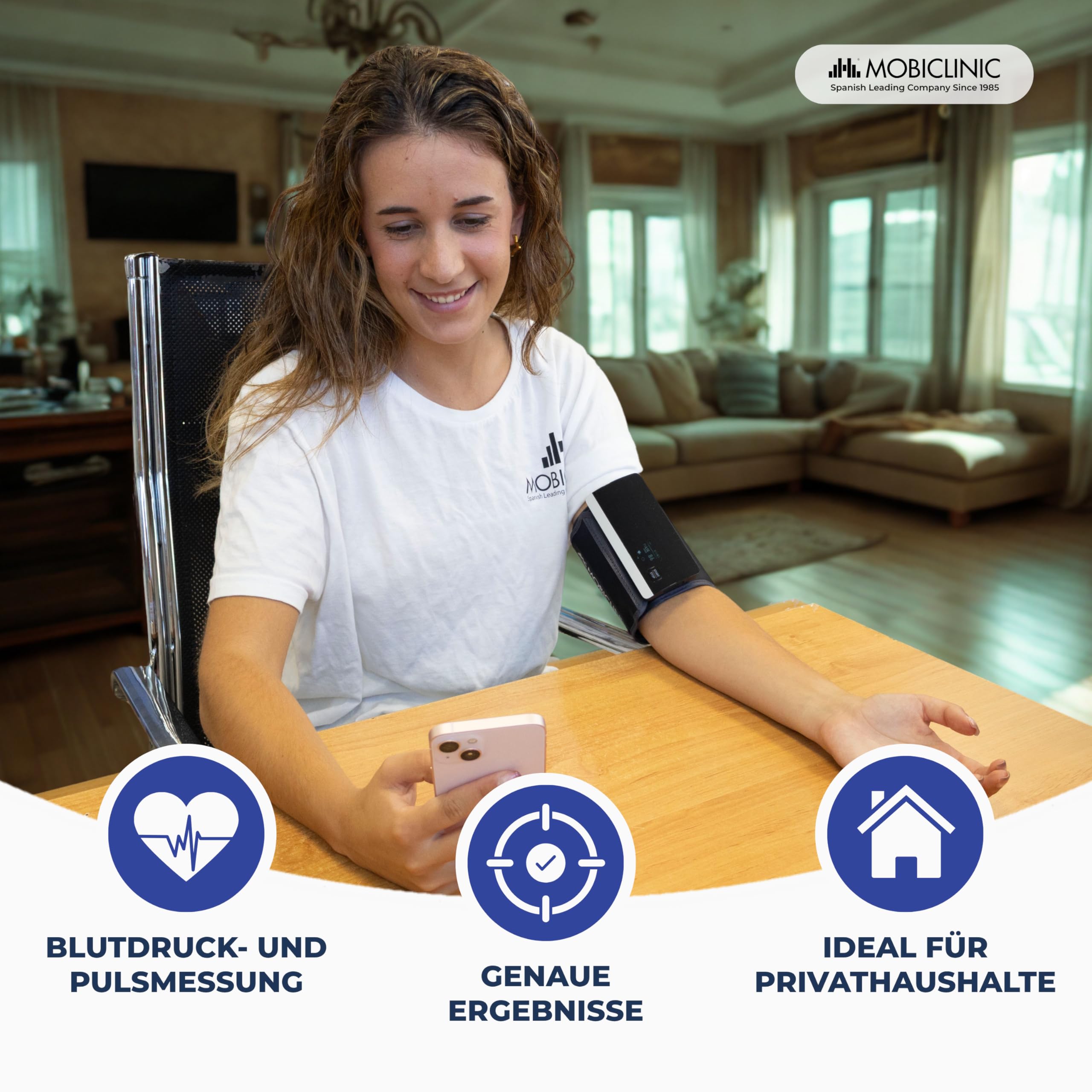 Mobiclinic®, Blutdruckmessgerät, Digital, Bluetooth- und APP-Verbindung, Sprachführung, 50 Speicherplätze, Bewegungserkennung, USB-Aufladung, Präzise, ​​Cardiomed