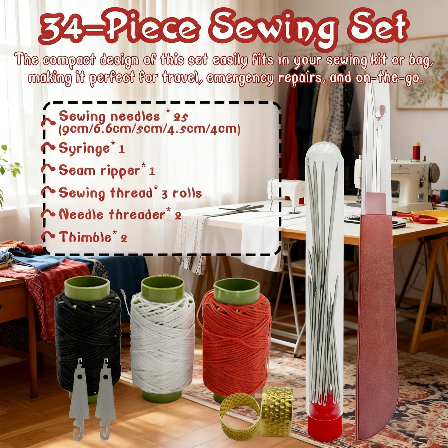 Big Eye Steel Sewing Needles Kit 34PCS,Stainless Steel Hand Sewing Needles,Multi-Purpose Needle and Thread Kits, Portable DIY Hand Made Craft Set for Beginners &Handicraft Enthusiasts& Daily Use