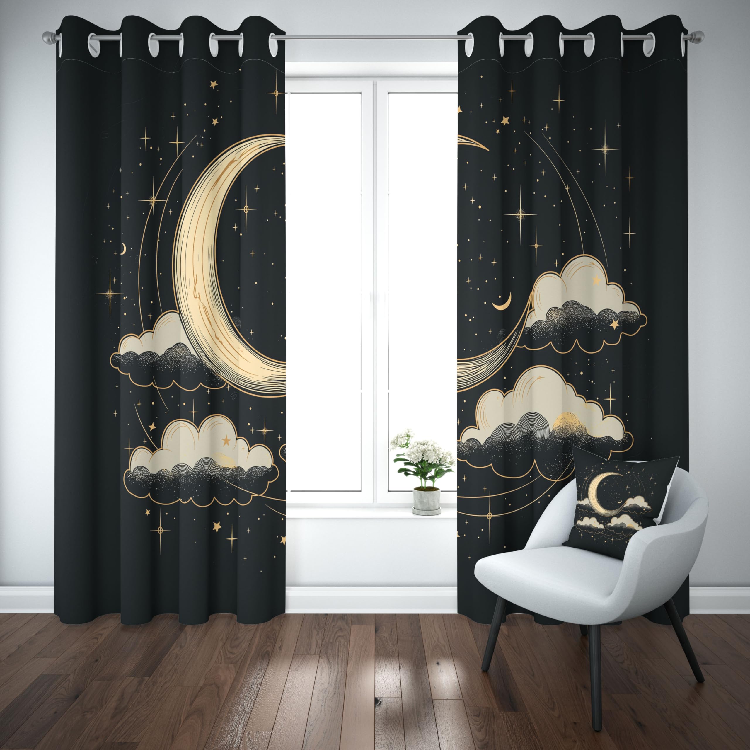 Mond Sternenhimmel Stern Blickdichte Vorhang mit Ösen, Nachthimmel Wolke Verdunkelungsvorhang Ösenvorhang Wohnzimmer Thermogardine Hitzeschutz Sonnenschutz 2er Set H245 x B140 cm