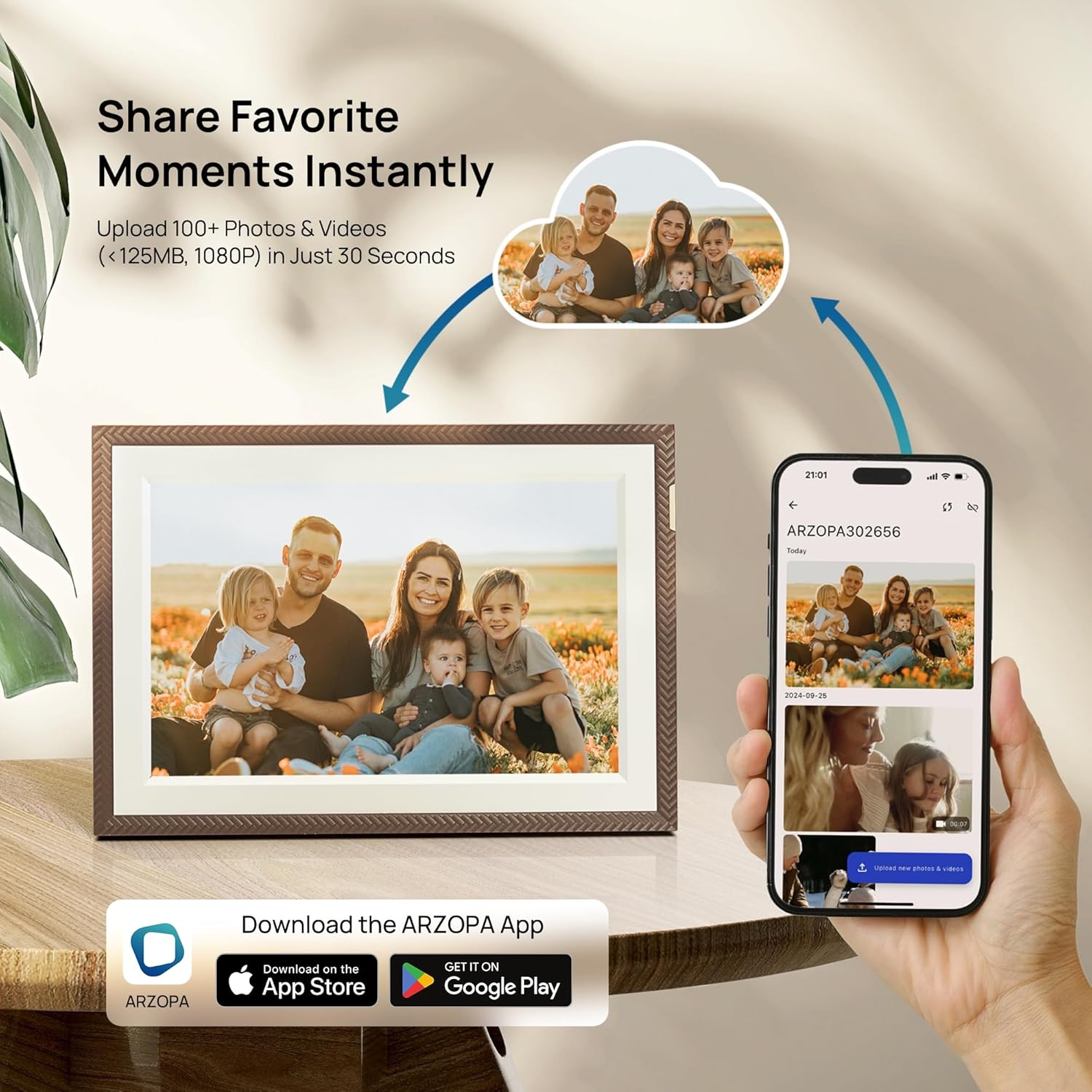 ARZOPA digital frame on a table with a phone showing the ARZOPA app, illustrating instant sharing of photos and videos.