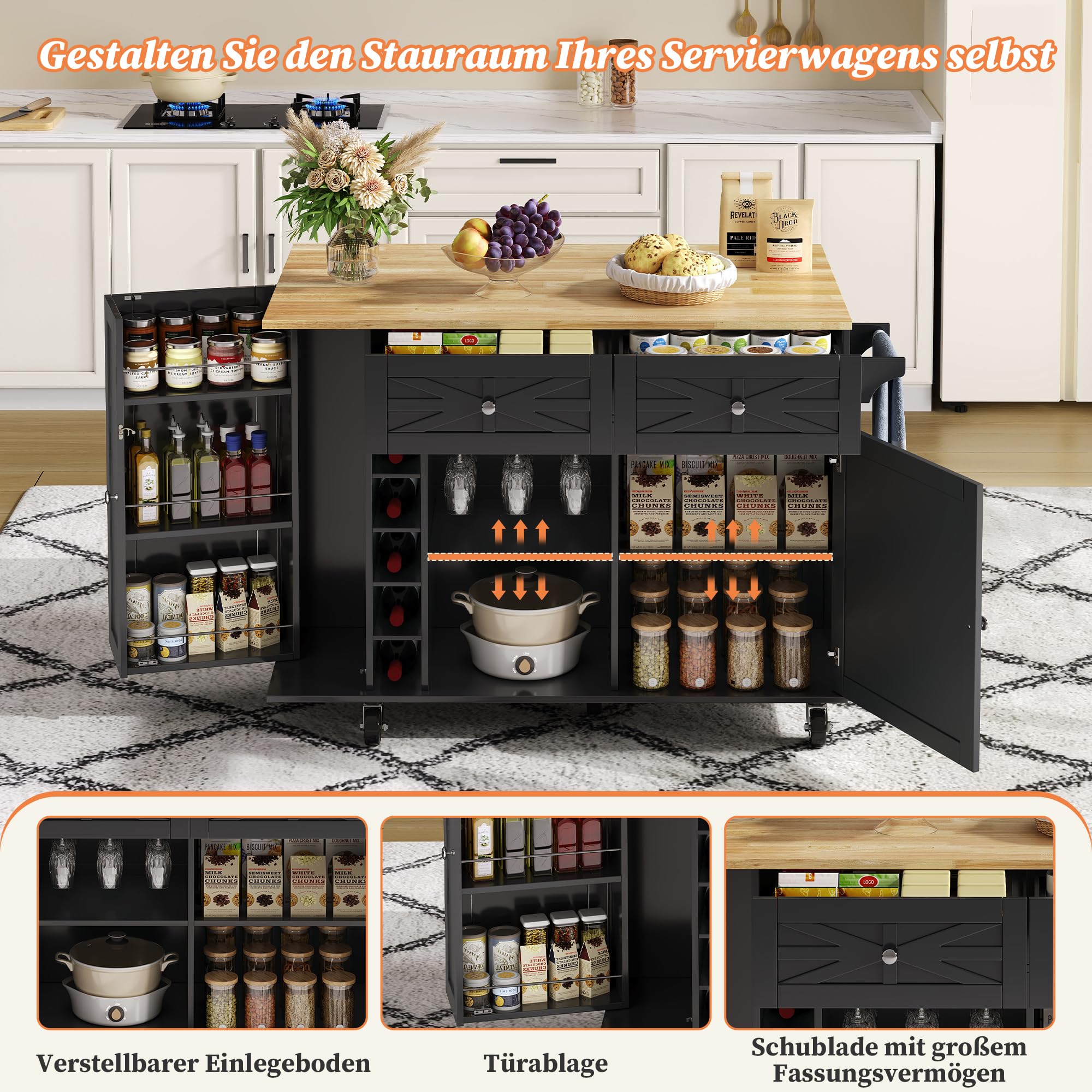 Generisch Isla de cocina plegable con ruedas, espacio de almacenamiento, color negro, 120 x 70 x 89 cm