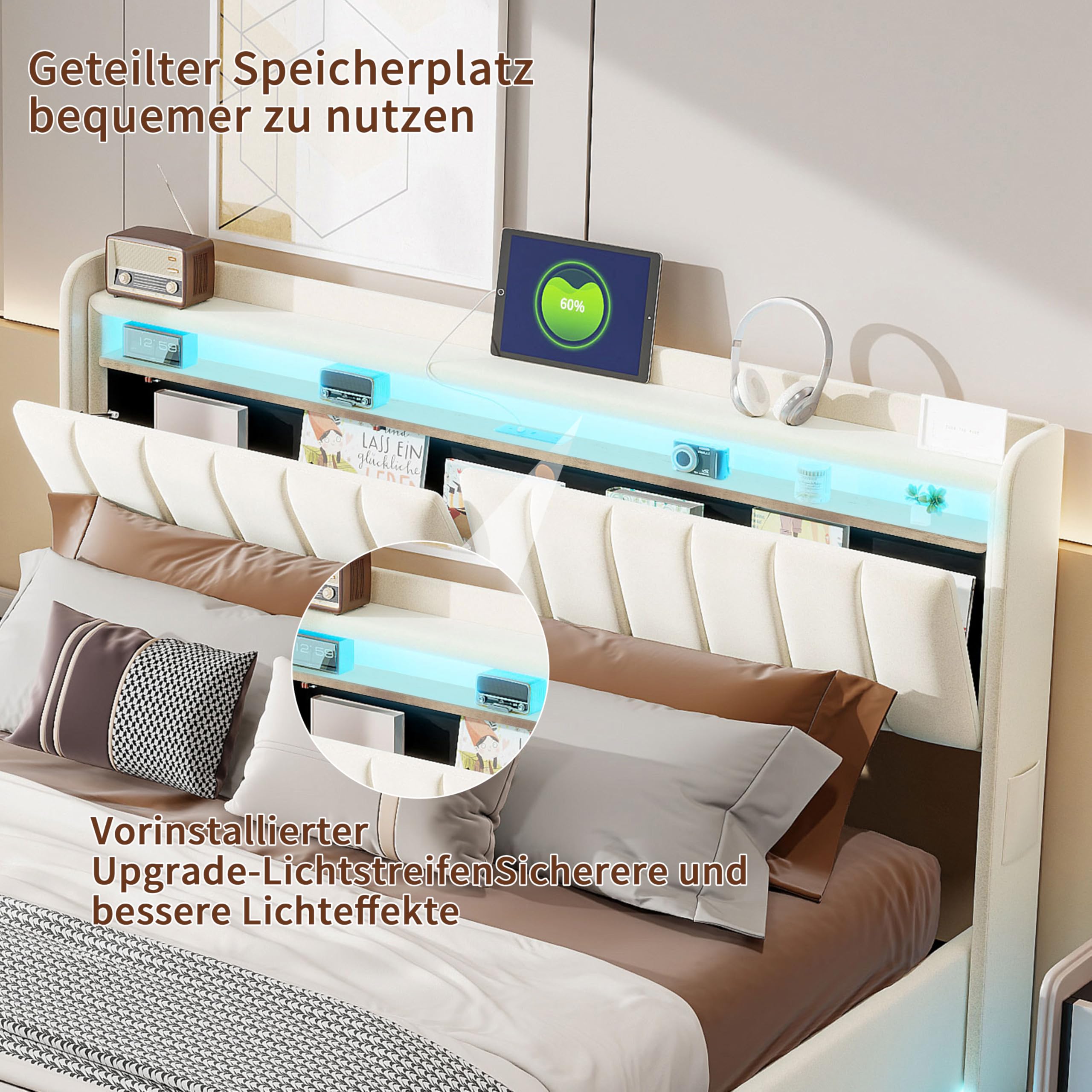 Letto matrimoniale 160 x 200 con luci a LED, letto imbottito con stoccaggio e caricatore letto con USB e luce LED telaio per letto idraulico con testiera in velluto (B velluto beige, 160 x 200 cm)