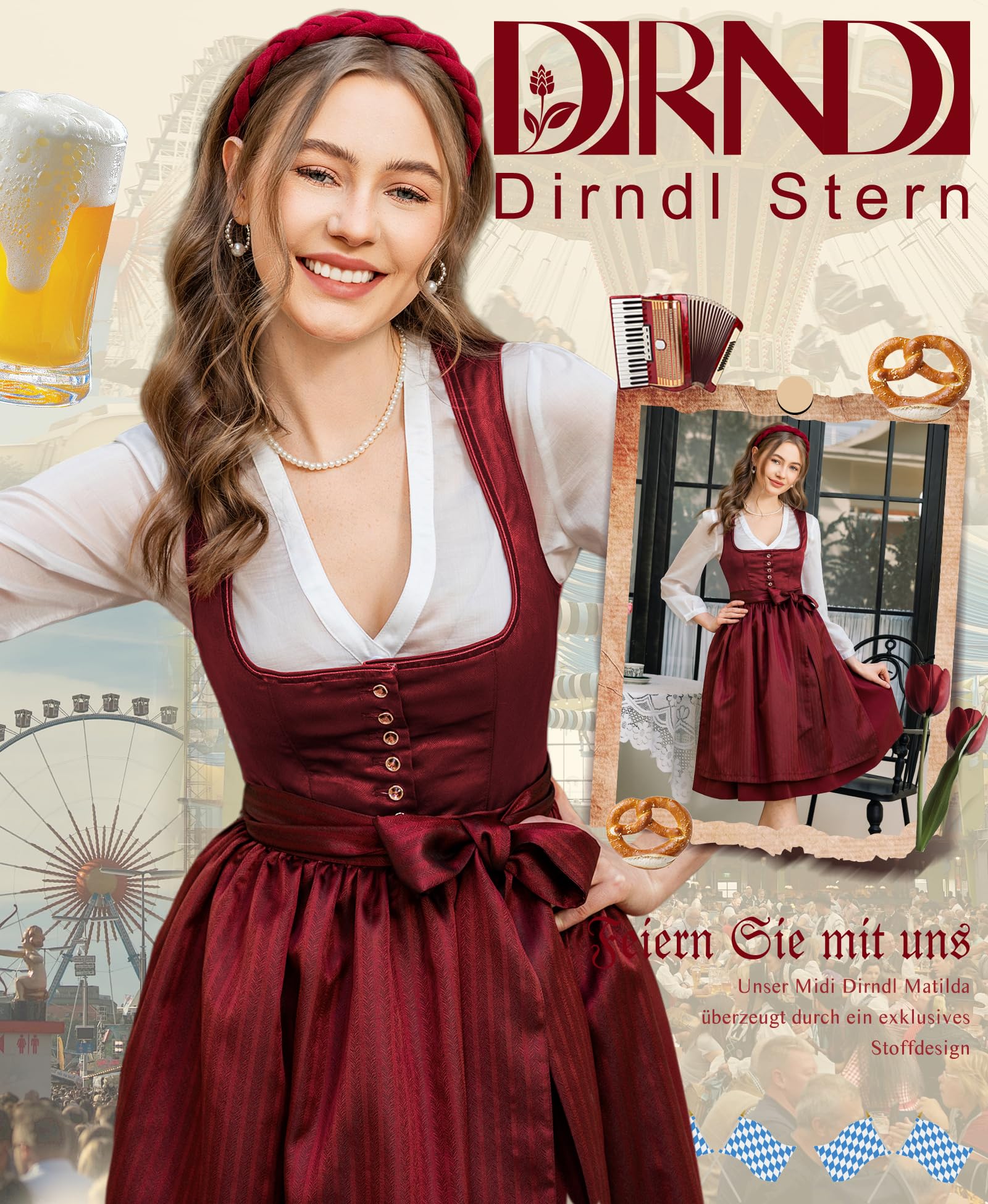 DIRNDLSTERN Damen Midi Rot –Trachtenkleid Damen Dirndlkleid mit Plissee Dirndlschürze für Oktoberfest