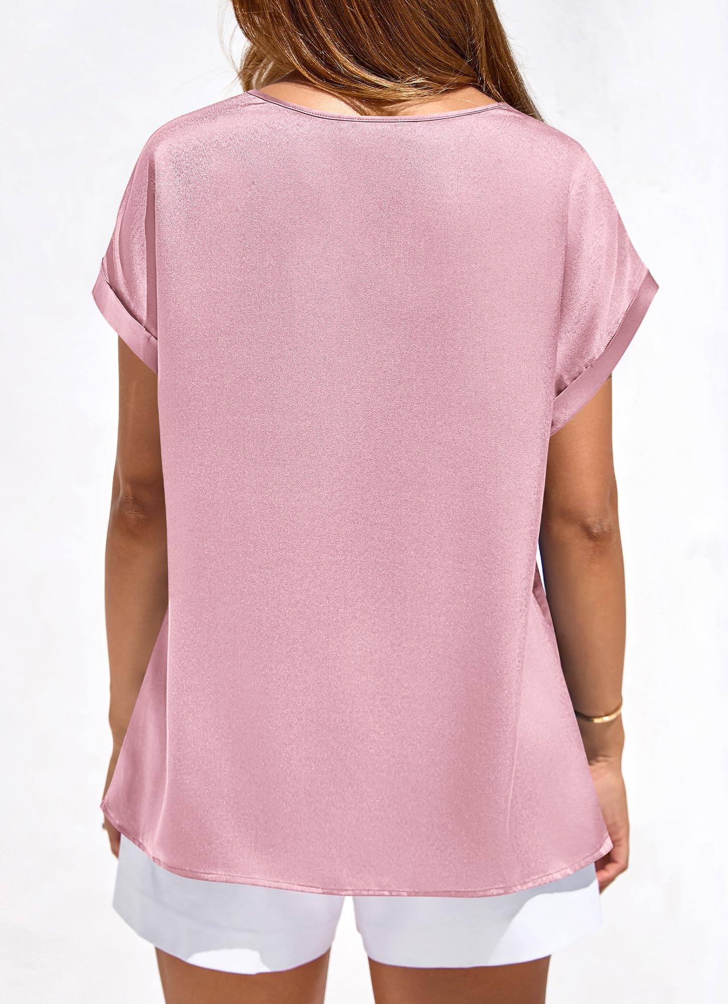 BTFBM Womens Summer Tops 2026 Satin Crewneck Short Sleeve Shirts Work Business Outfits Spring Blouses Dressy Casual