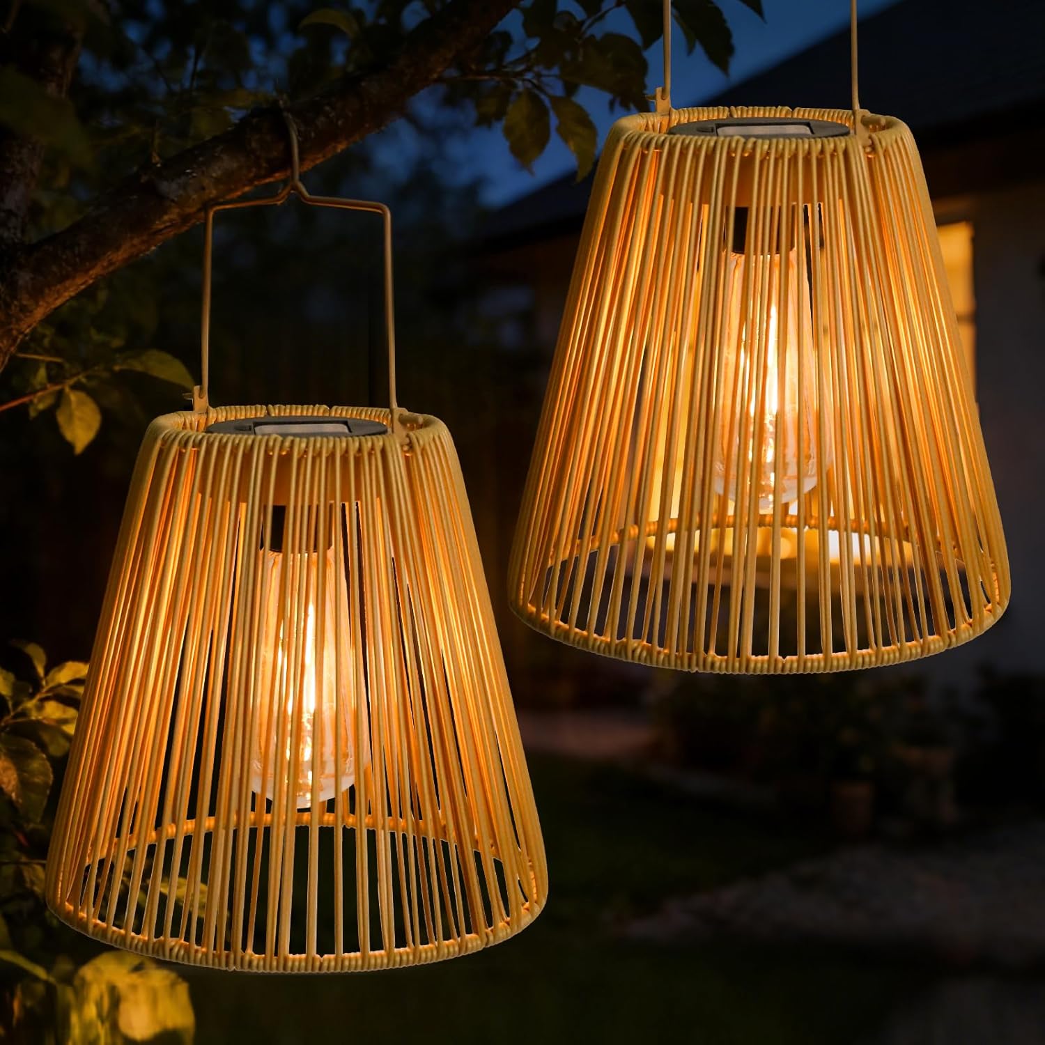 Solar Hanging Lanterns Outdoor Waterproof Rattan Solar Lights LED Lantern Decorative Lanterns for Lawn, Patio, Yard, Landscape, Porches, Hallway Garden Decor (Nature) 2 Pack