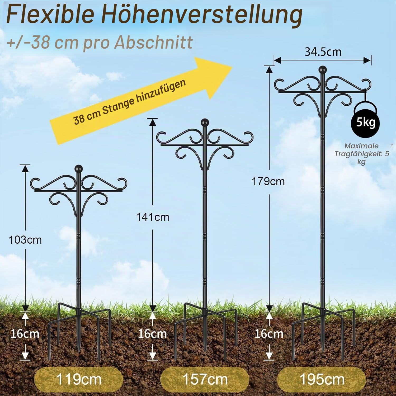 Ständer für Vogelfutterhaus auf Fuß, ca. 195 cm, ca. 2 m, verstellbar mit 2 Haken, robuster freistehender Doppelständer für den Garten, leuchtende Laterne, Metallaufhängung, Schwarz