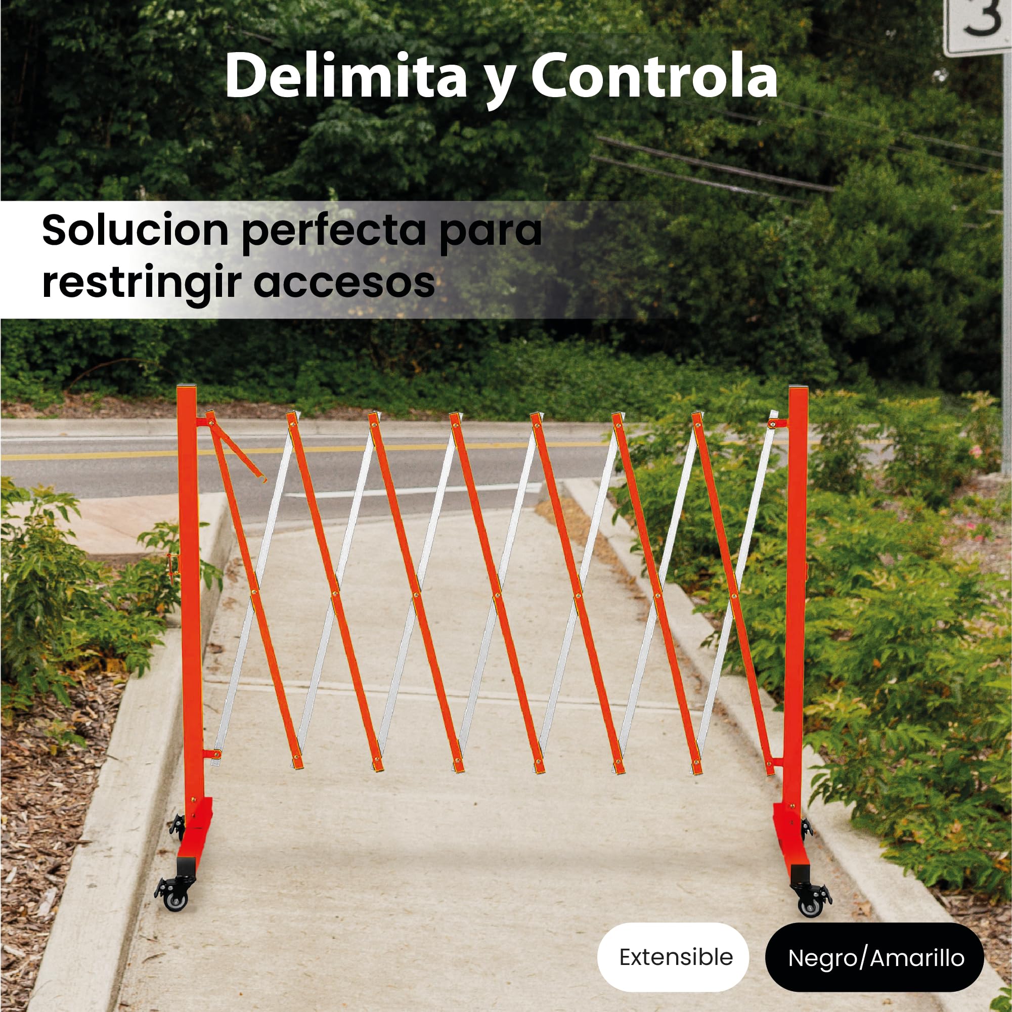 EberSign | Valla Extensible Recta de 3m con Ruedas, Barrera de Acero Portátil (Blanco/Rojo)