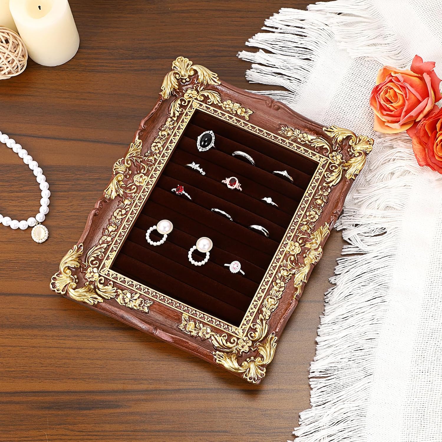 Hipiwe Vintage Ring Holder for Woman Baroque Ring Display Stand Ring Tray