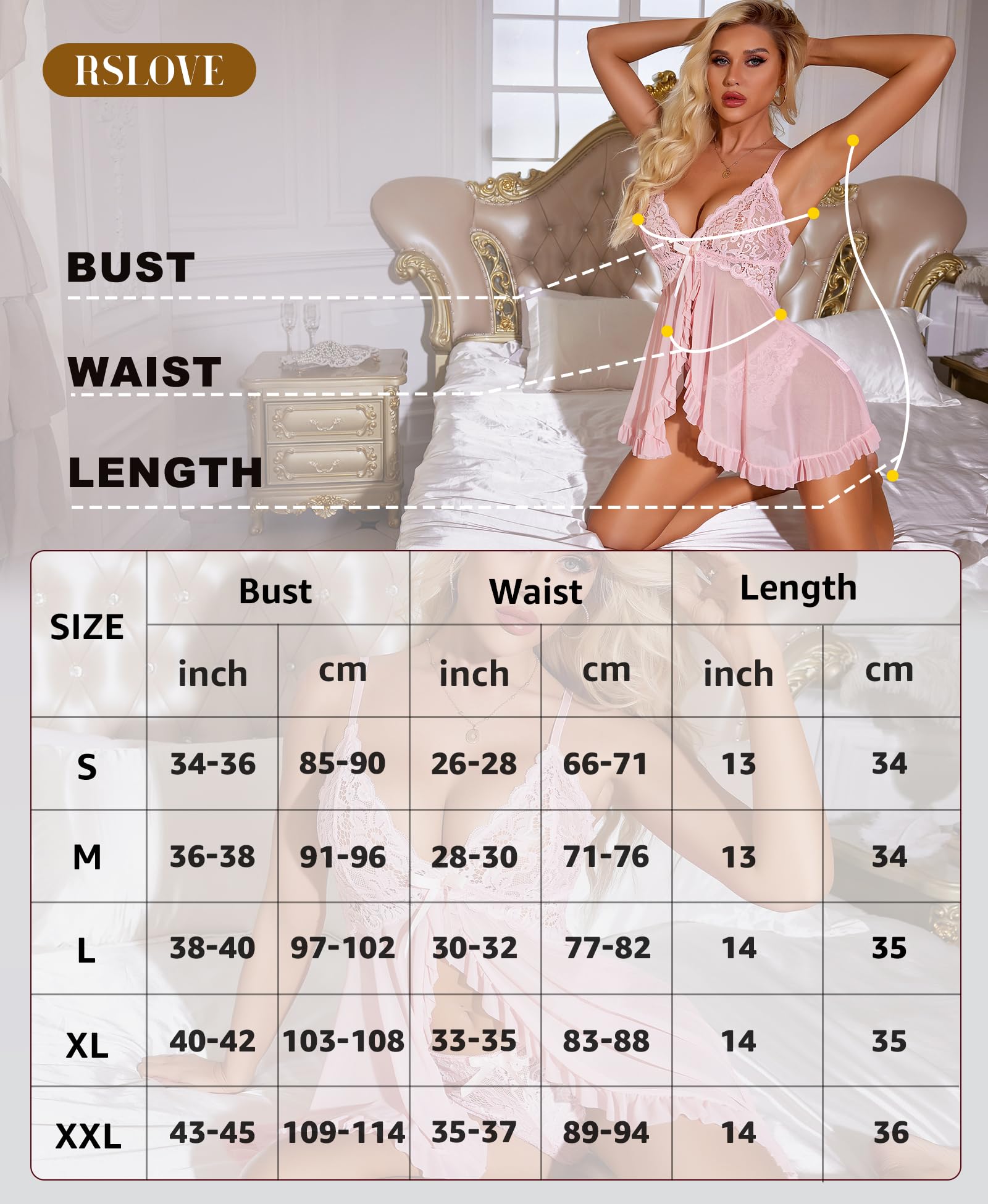 RSLOVE Babydoll - Biancheria intima sexy da donna, in pizzo, camicia da notte