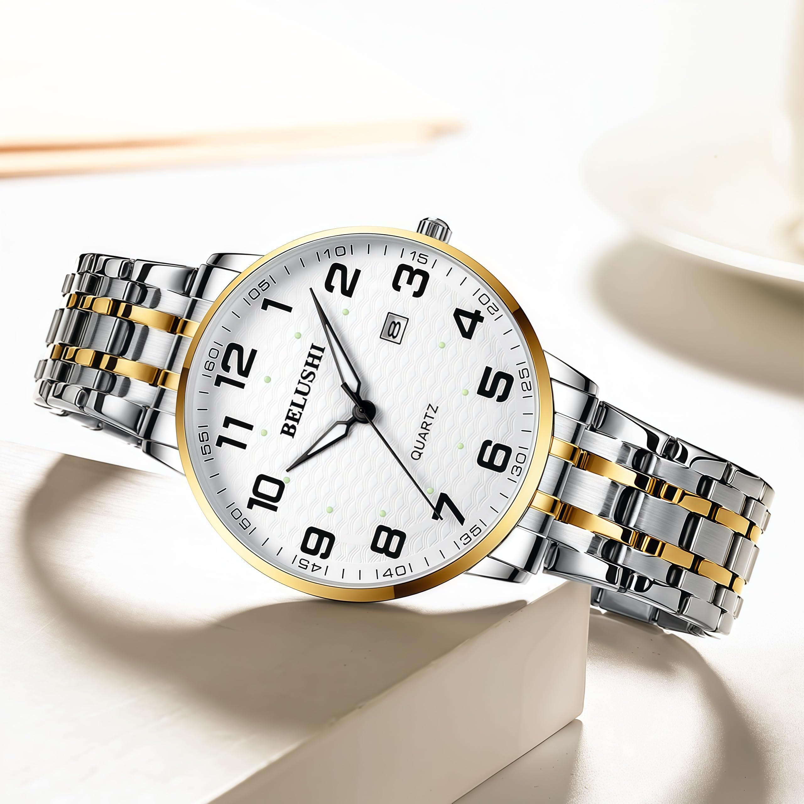 Gosasa Montre à quartz facile à lire pour personnes âgées, grands chiffres, calendrier, résistance à l'eau de 30 m, lumineuse, montre bracelet en acier inoxydable pour homme et femme